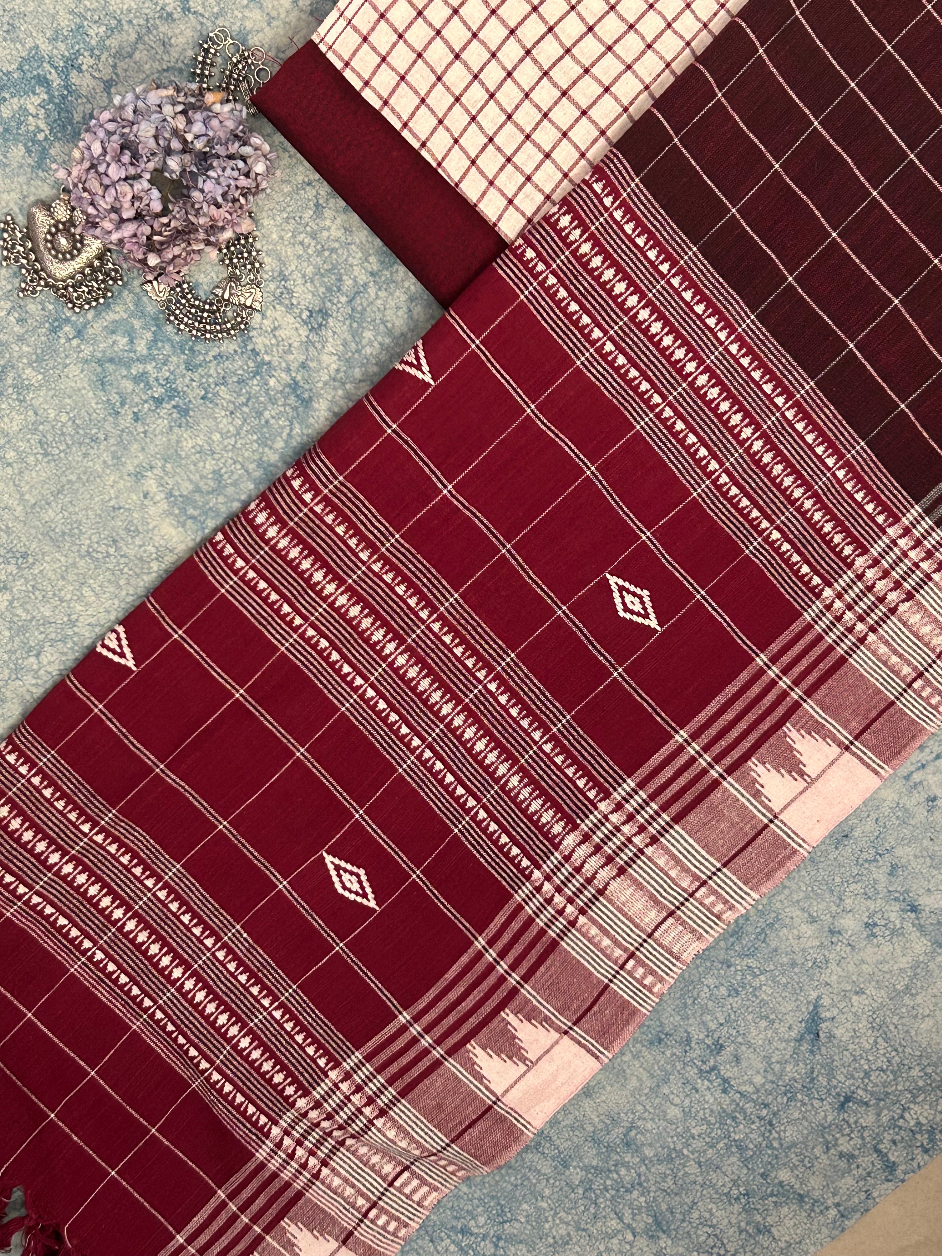 Handspun Handwoven Kotpad Suit Set - Ivory & Rust Maroon