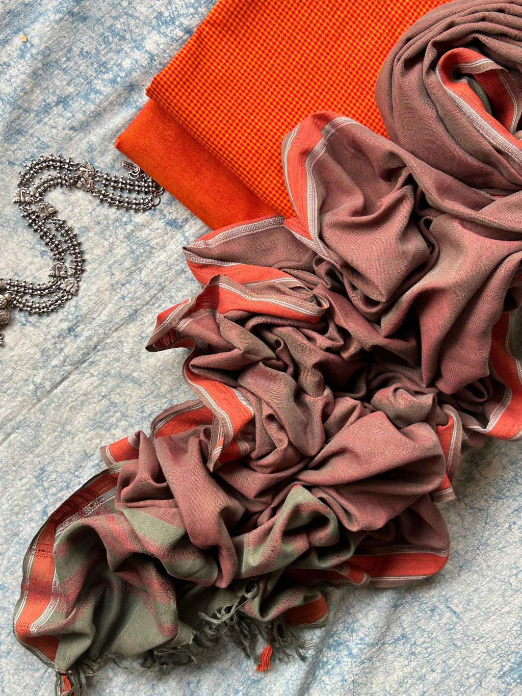 Handwoven Bhujodi Set - Orange and Olive
