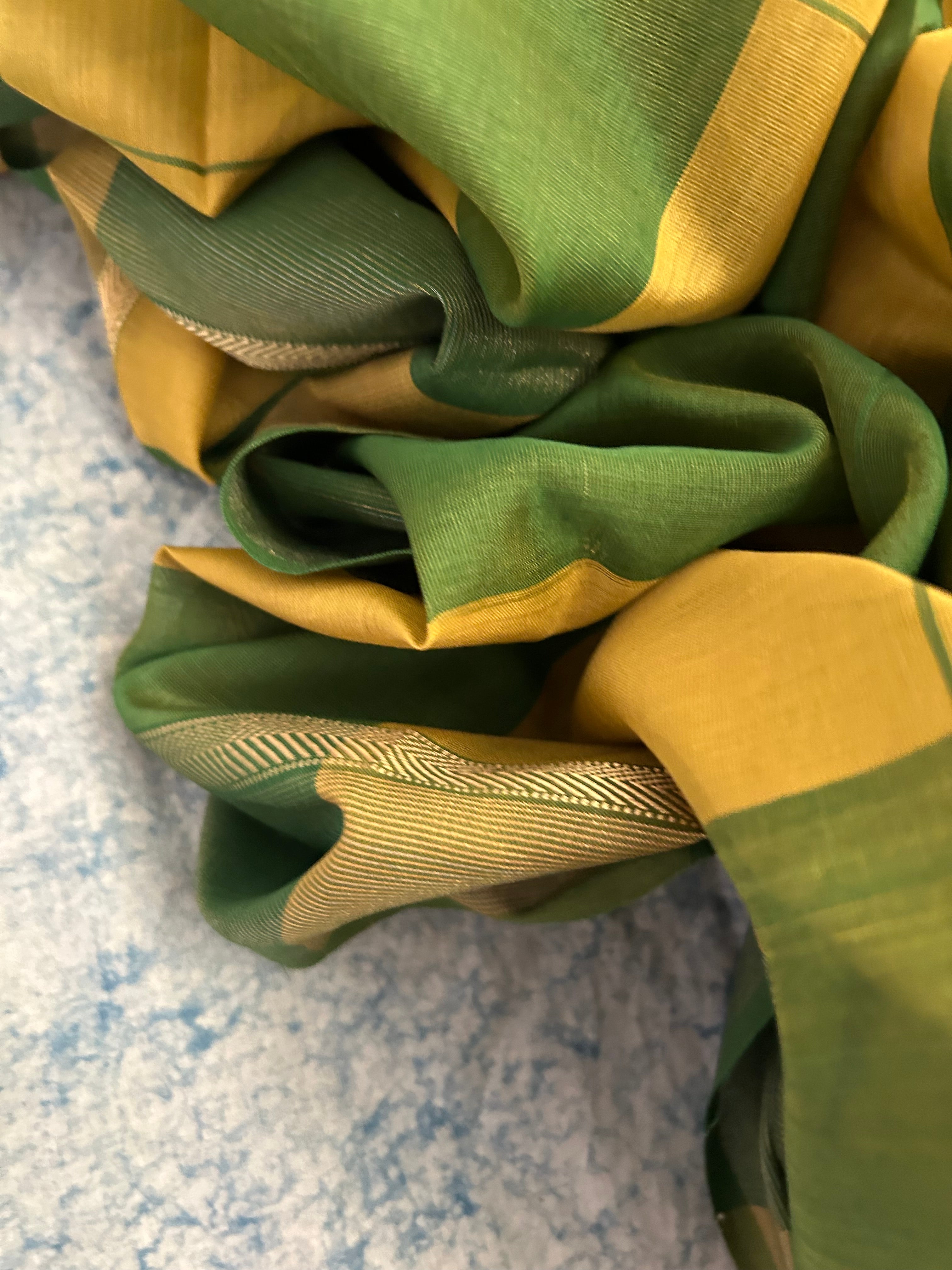 Handwoven Maheshwari Kurta Dupatta Set - Lemon Yellow & Green