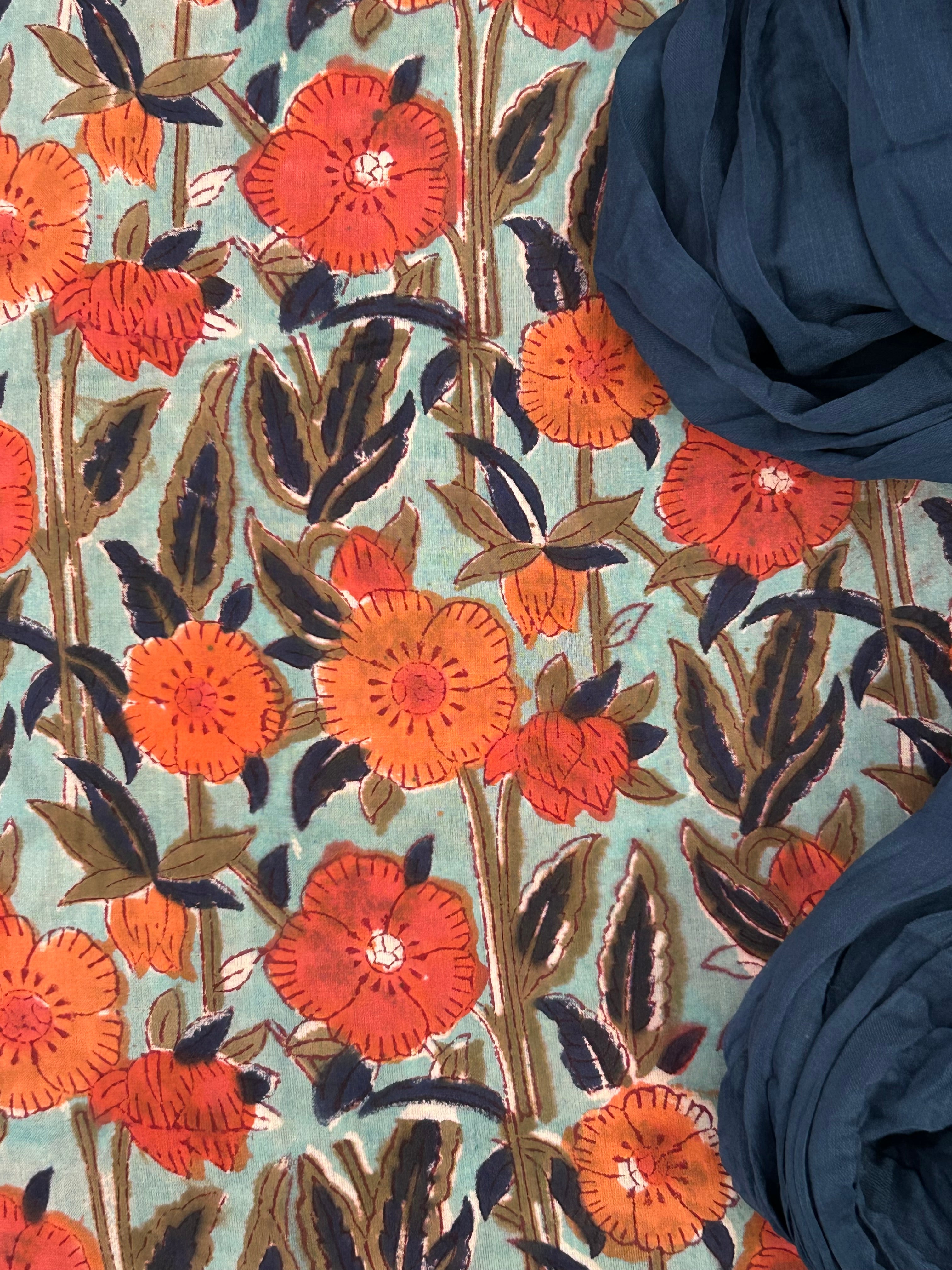Handcrafted Cotton Suit Set - Multicolour Floral and Peach Orange