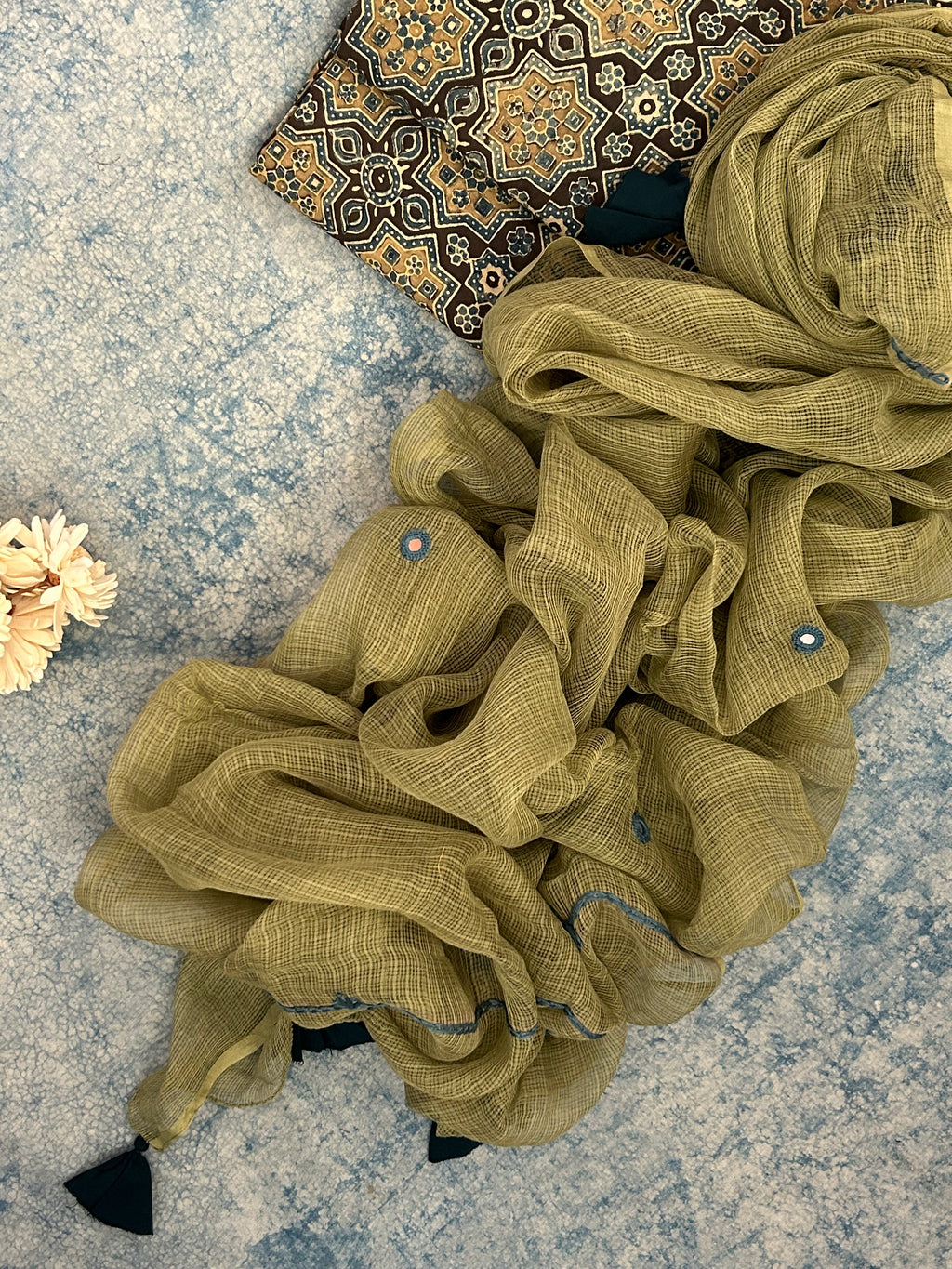 Natural Dyes Handcrafted Ajrakh Kota Suit - Indigo & Mehndi