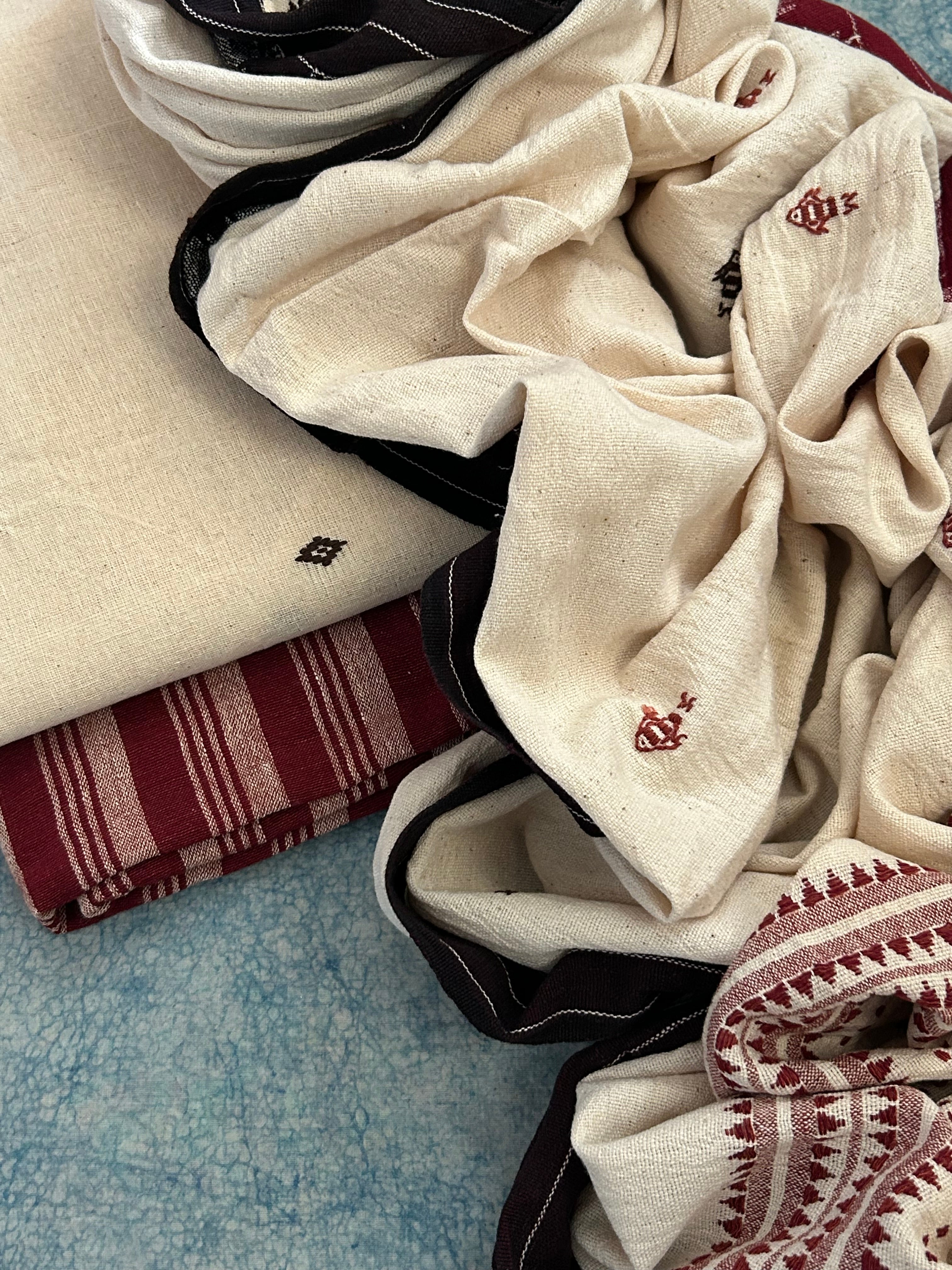Handspun Handwoven Kotpad Suit Set - Ivory Butti and Maroon Stripes
