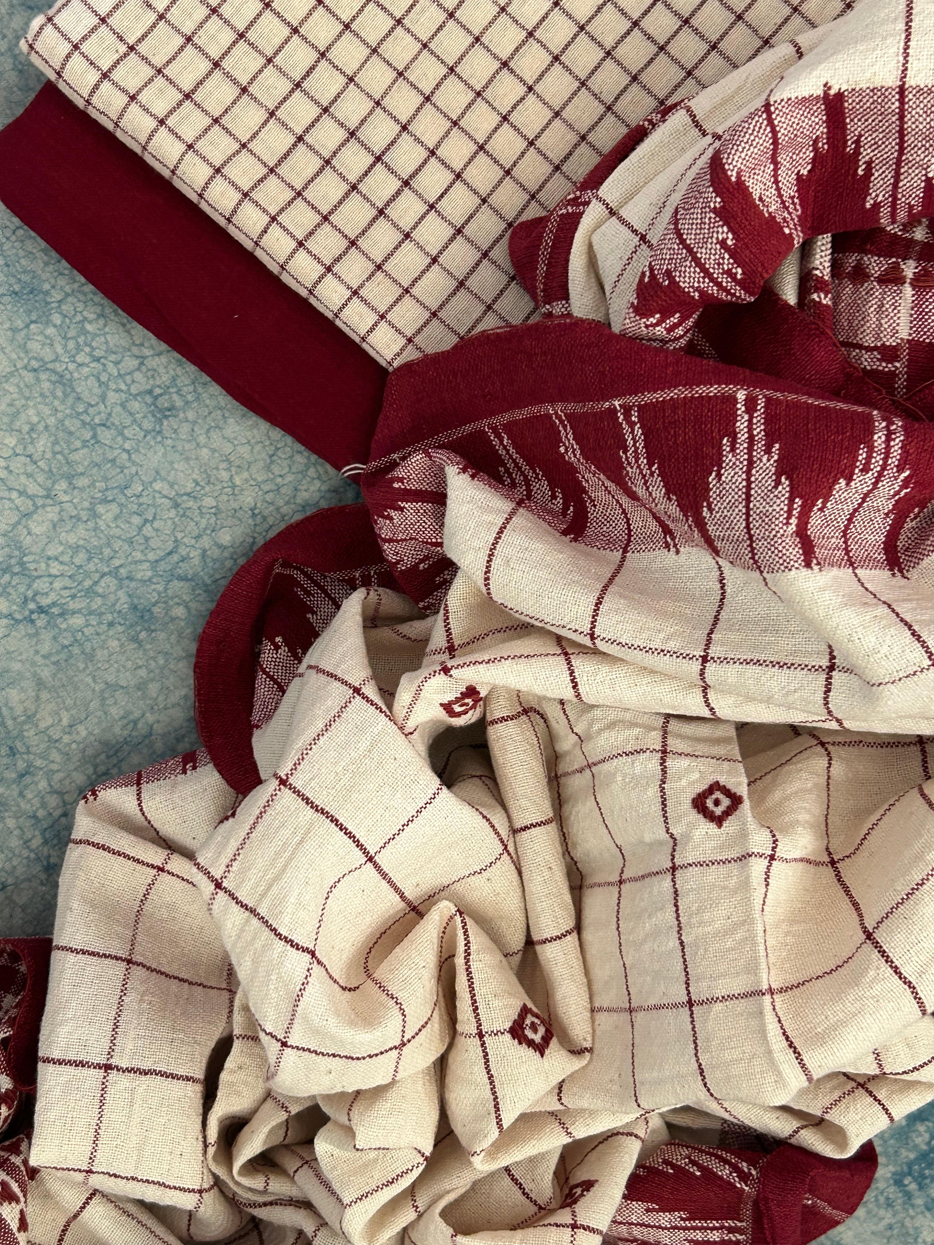 Handspun Handwoven Kotpad Suit Set - Ivory Checks and Maroon