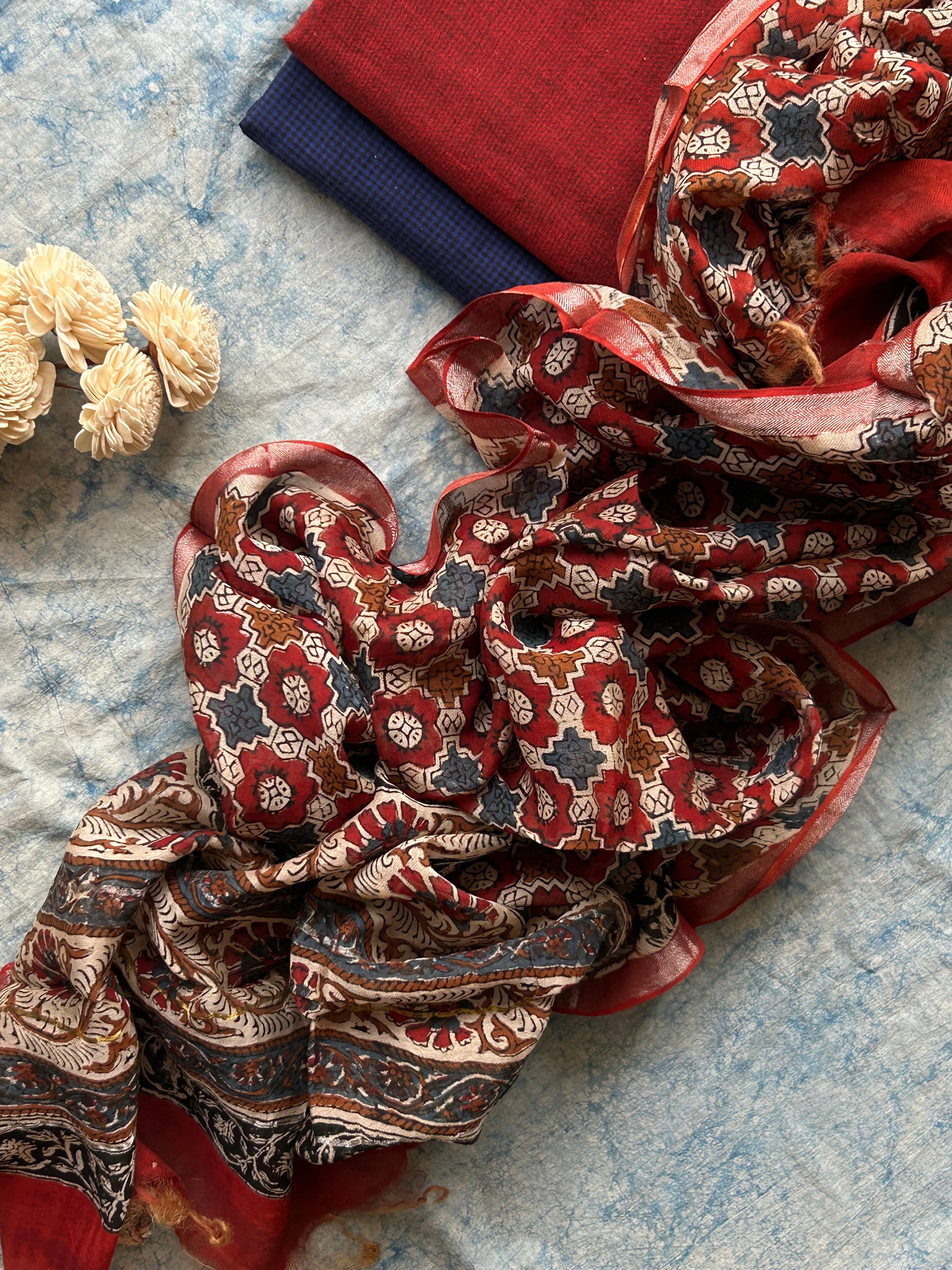 Handwoven Handblock Printed Set - Deep Blue and Maroon