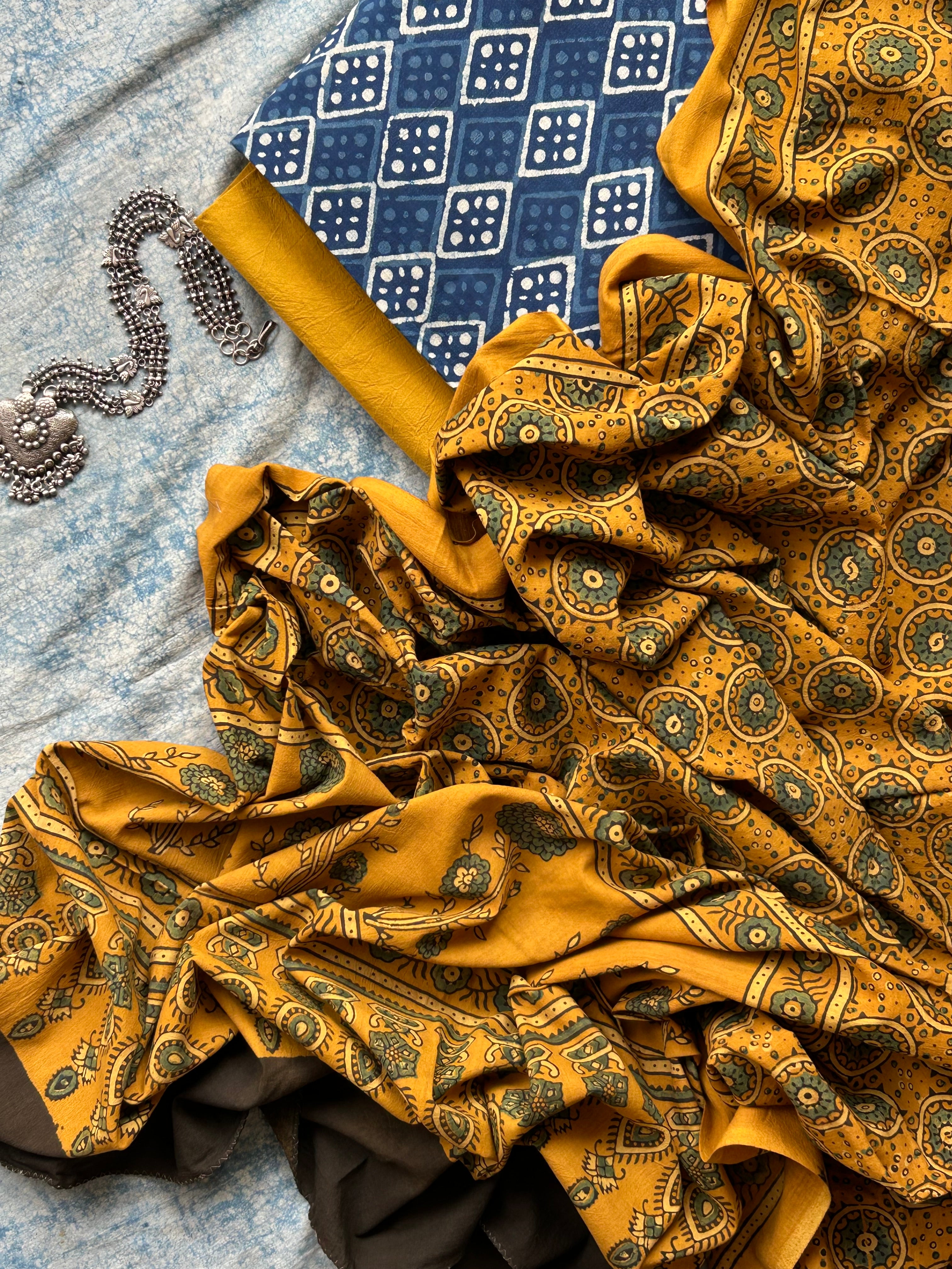 Daboo and Ajrakh Handblock Printed Set - Indigo and Turmeric Yellow