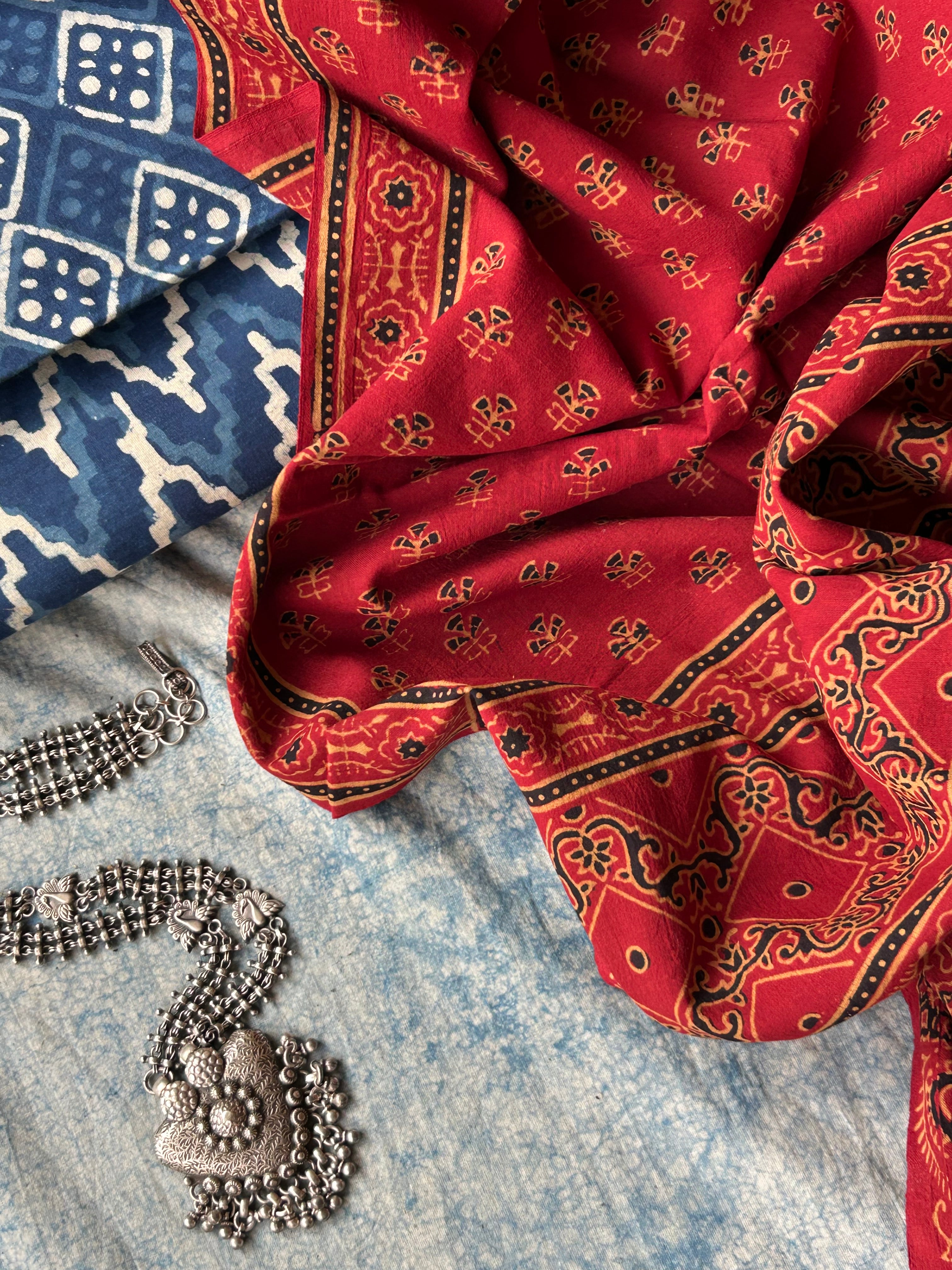 Daboo and Ajrakh Handblock Printed Set - Indigo and Madder Red