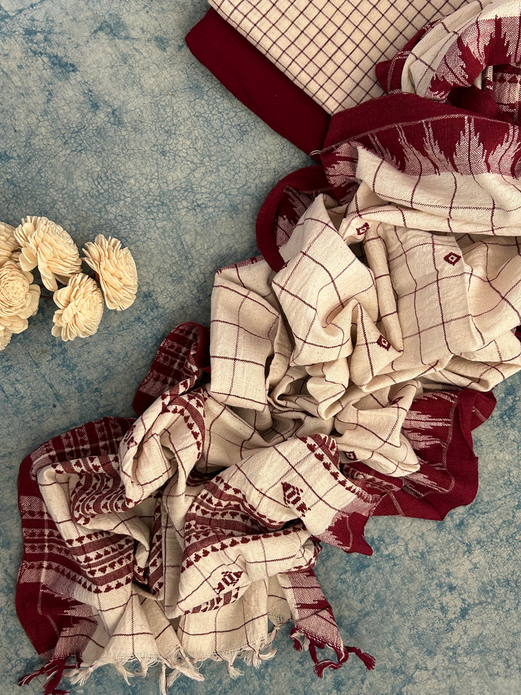 Handspun Handwoven Kotpad Suit Set - Ivory Checks and Maroon