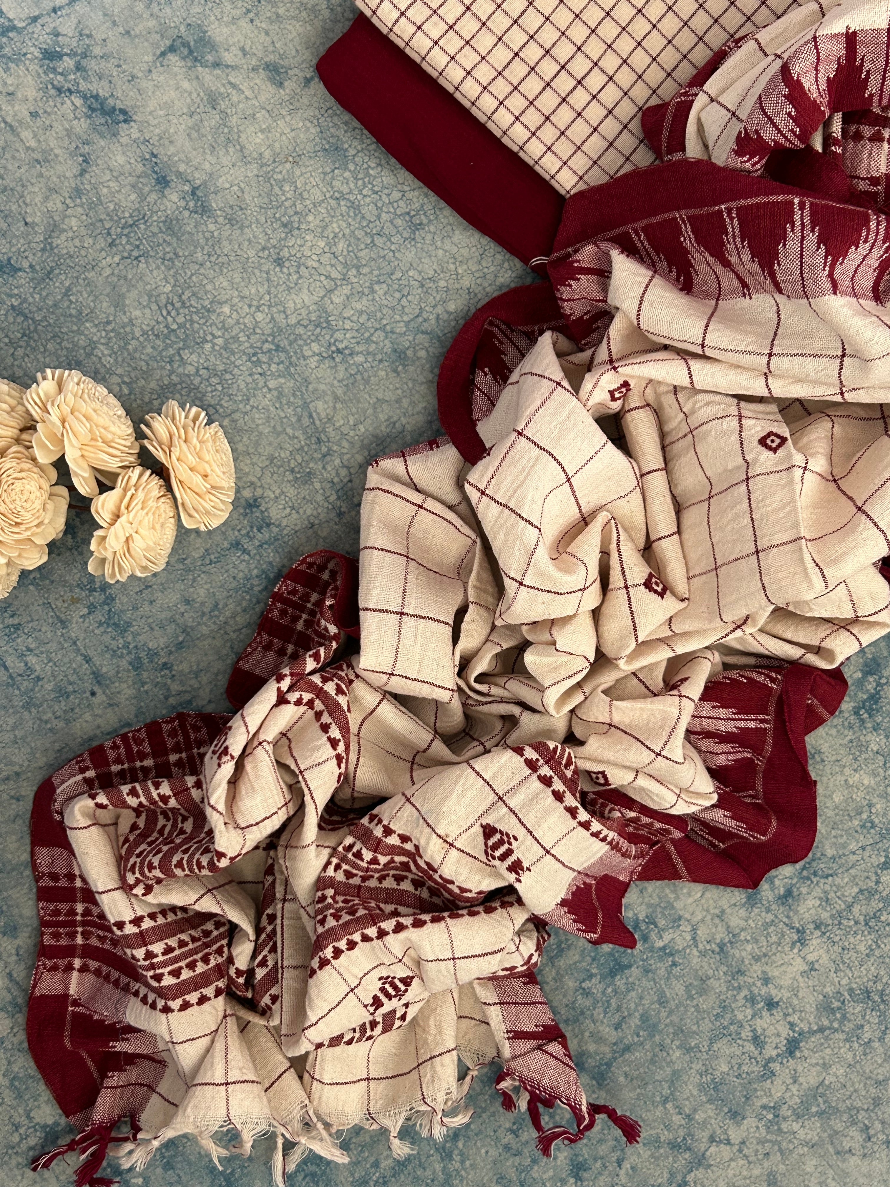 Handspun Handwoven Kotpad Suit Set - Ivory Checks and Maroon