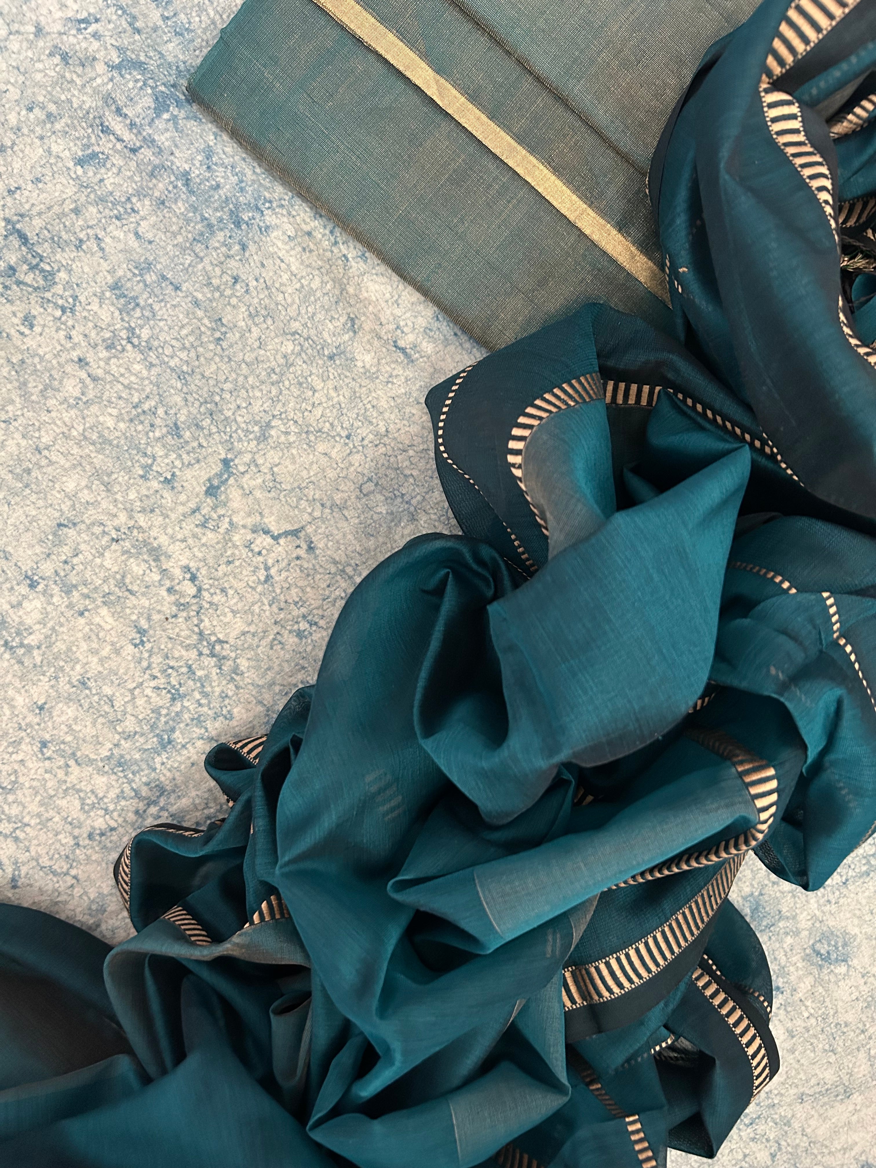 Handwoven Maheshwari Kurta Dupatta Set -Teal Blue