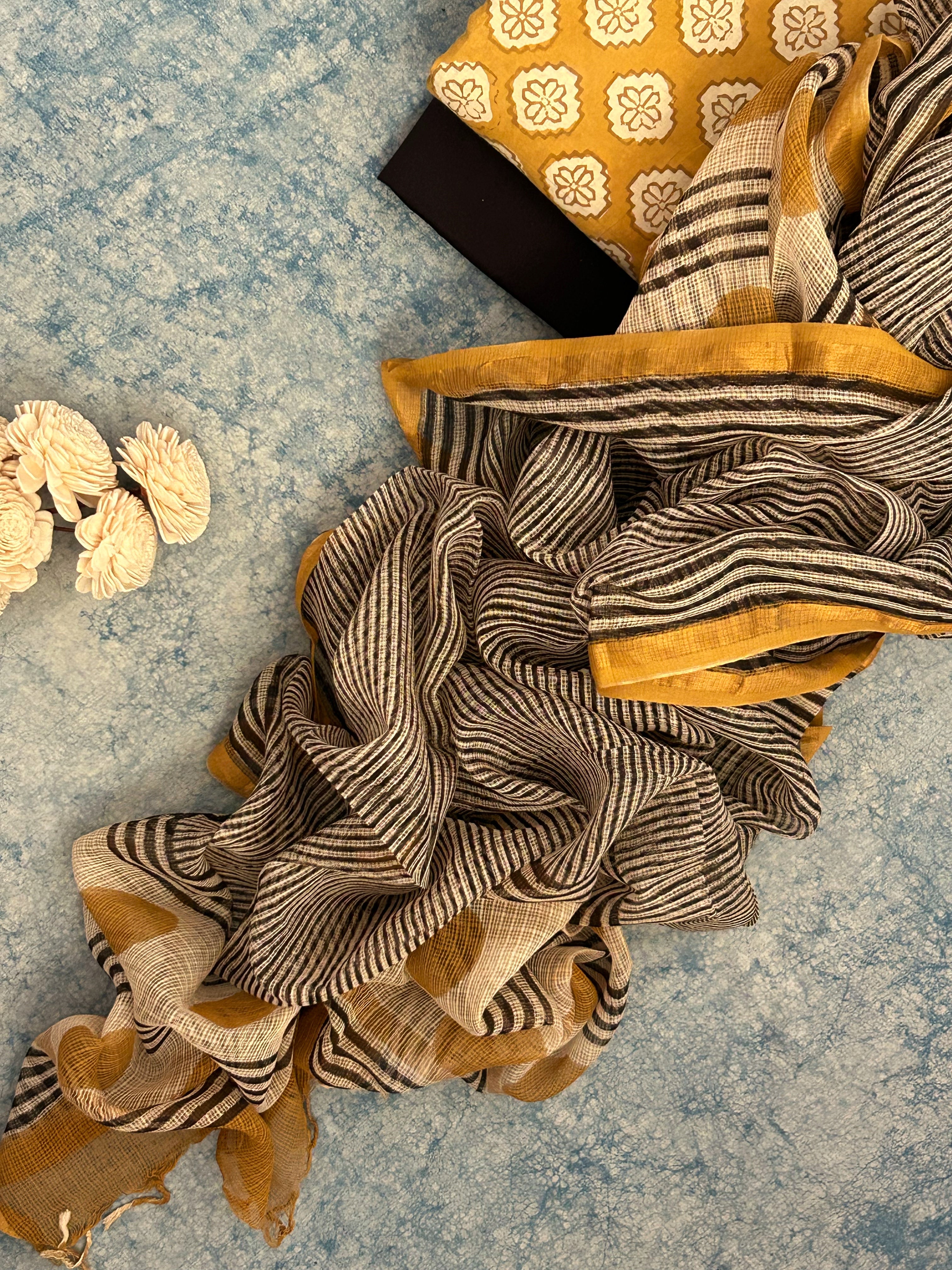 Handcrafted Cotton Suit Set - Mustard Floral and Black