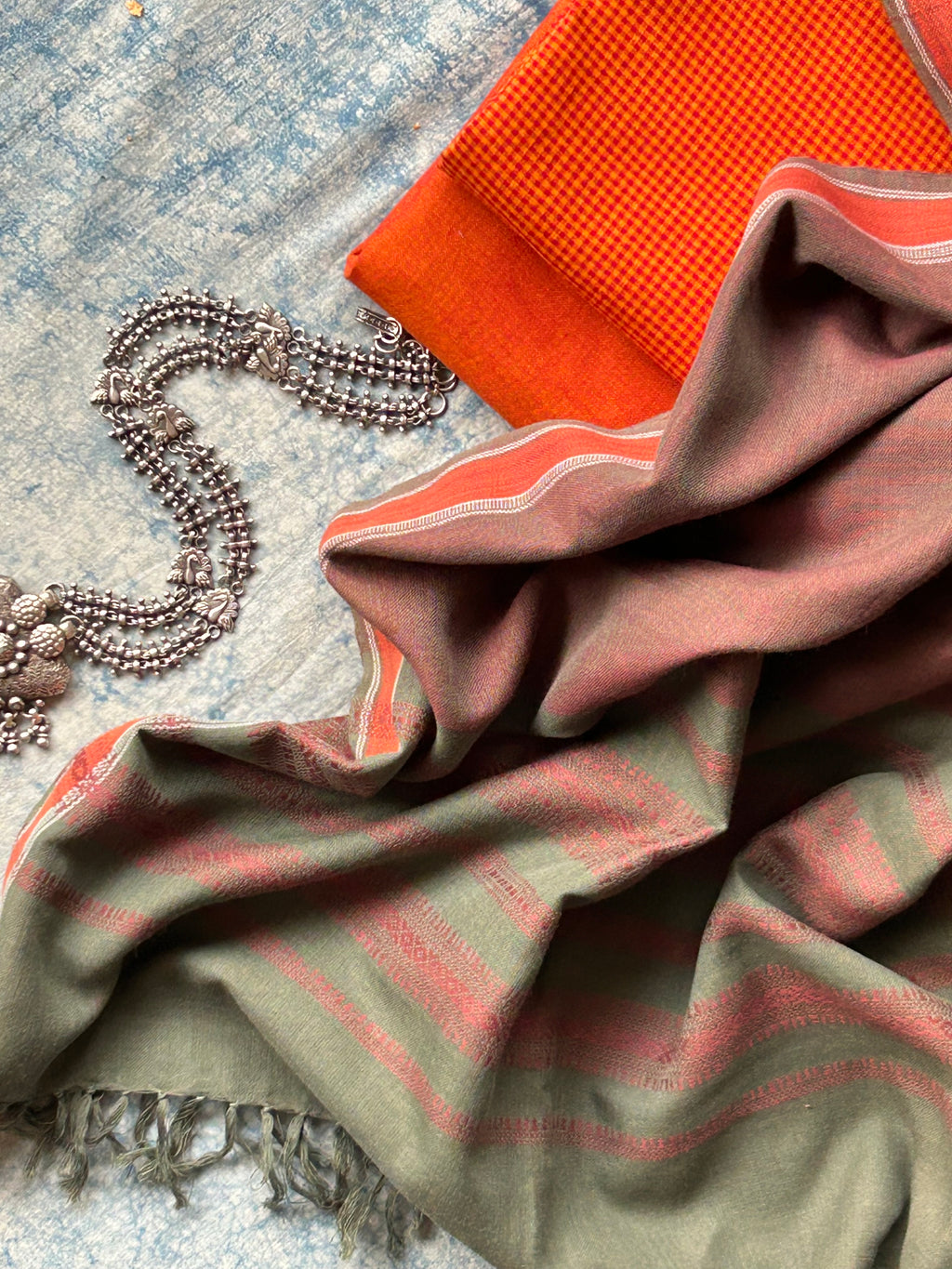 Handwoven Bhujodi Set - Orange and Olive