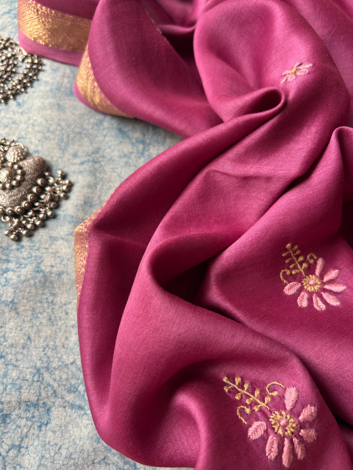 Tamanna - Handwoven Chikankari Work Maheshwari Set