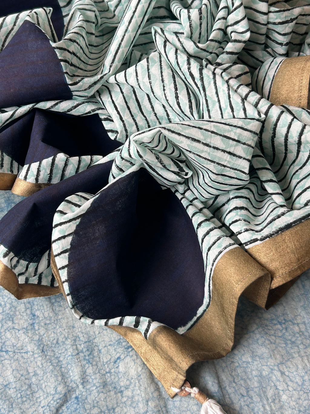 Handwoven Handblock Printed Set - Midnight blue & Turquoise