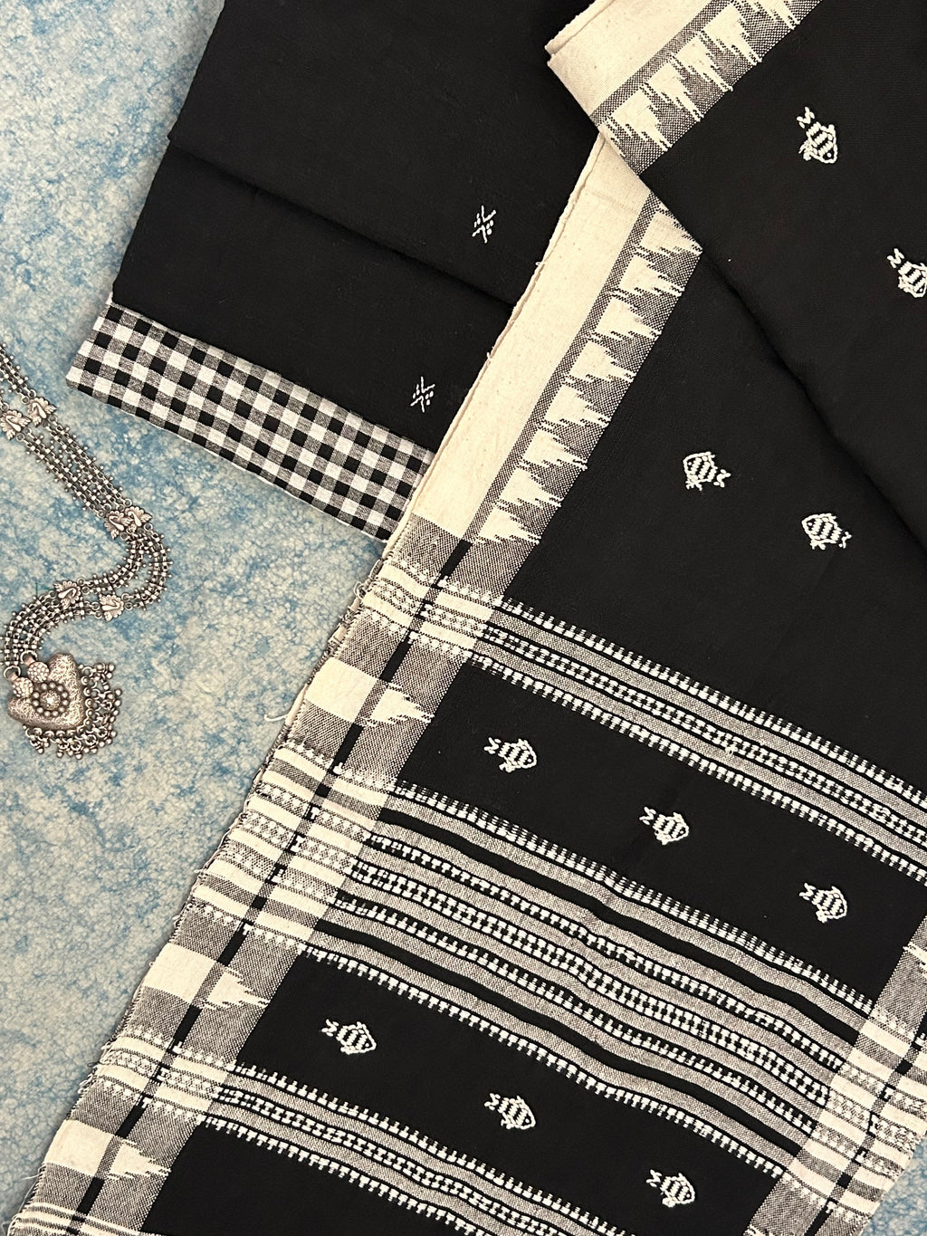 Handspun Handwoven Kotpad Suit Set -Black Butti & Checkered Fish Butti Stole