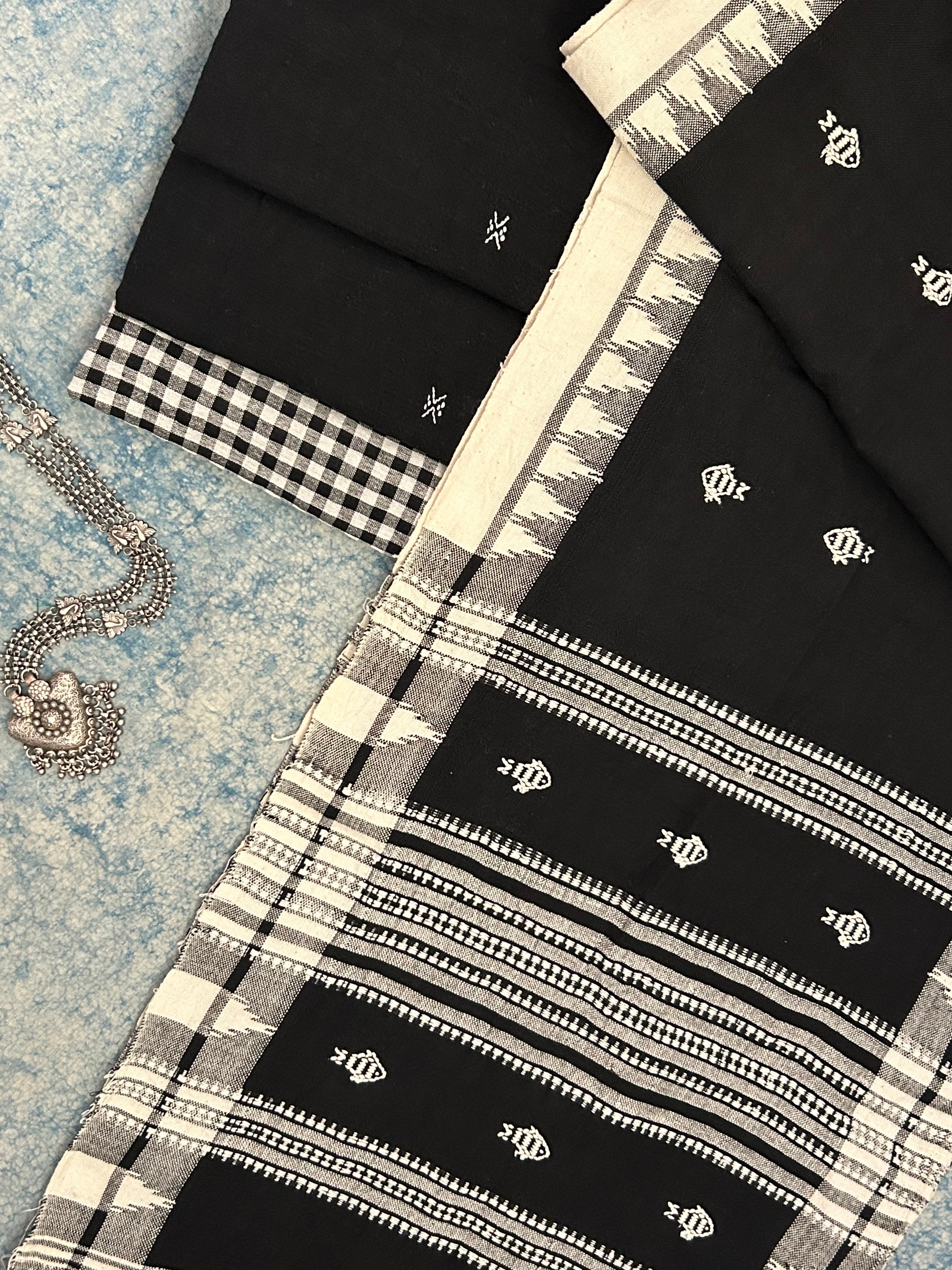Handspun Handwoven Kotpad Suit Set -Black Butti & Checkered Fish Butti Stole