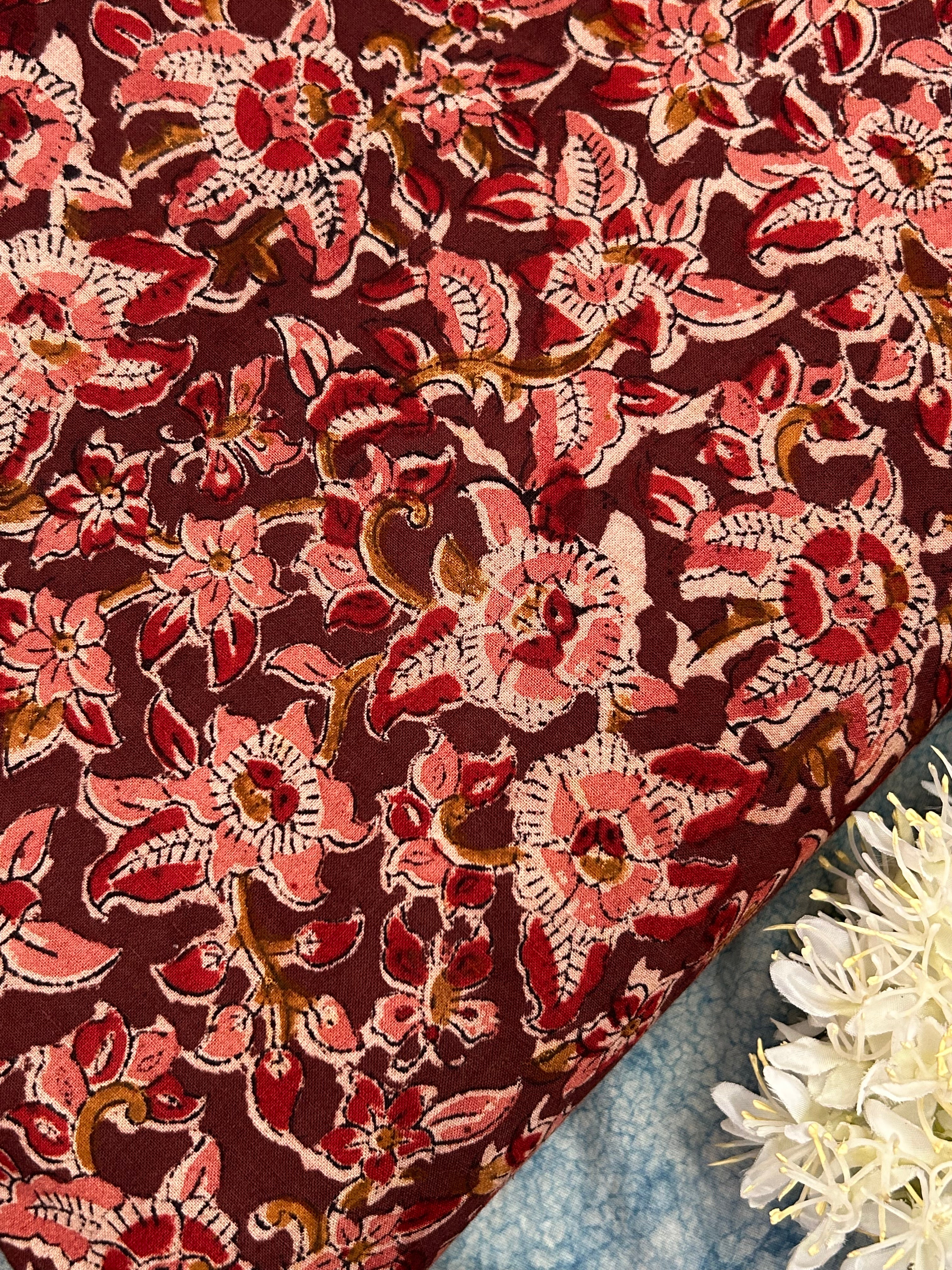 Pedana Hand Block Printed Kalamkari Natural Dyed Cotton - Rust Maroon (2.5m)