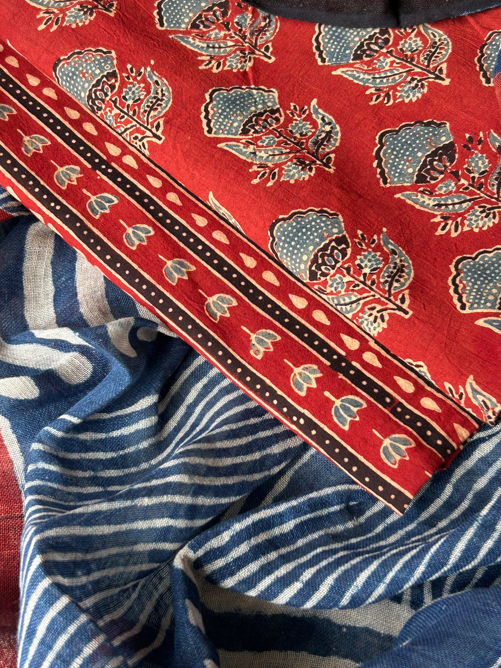 Vasudha - Natural Dyes Handblock Ajrakh Cotton and Linen Dupatta Set