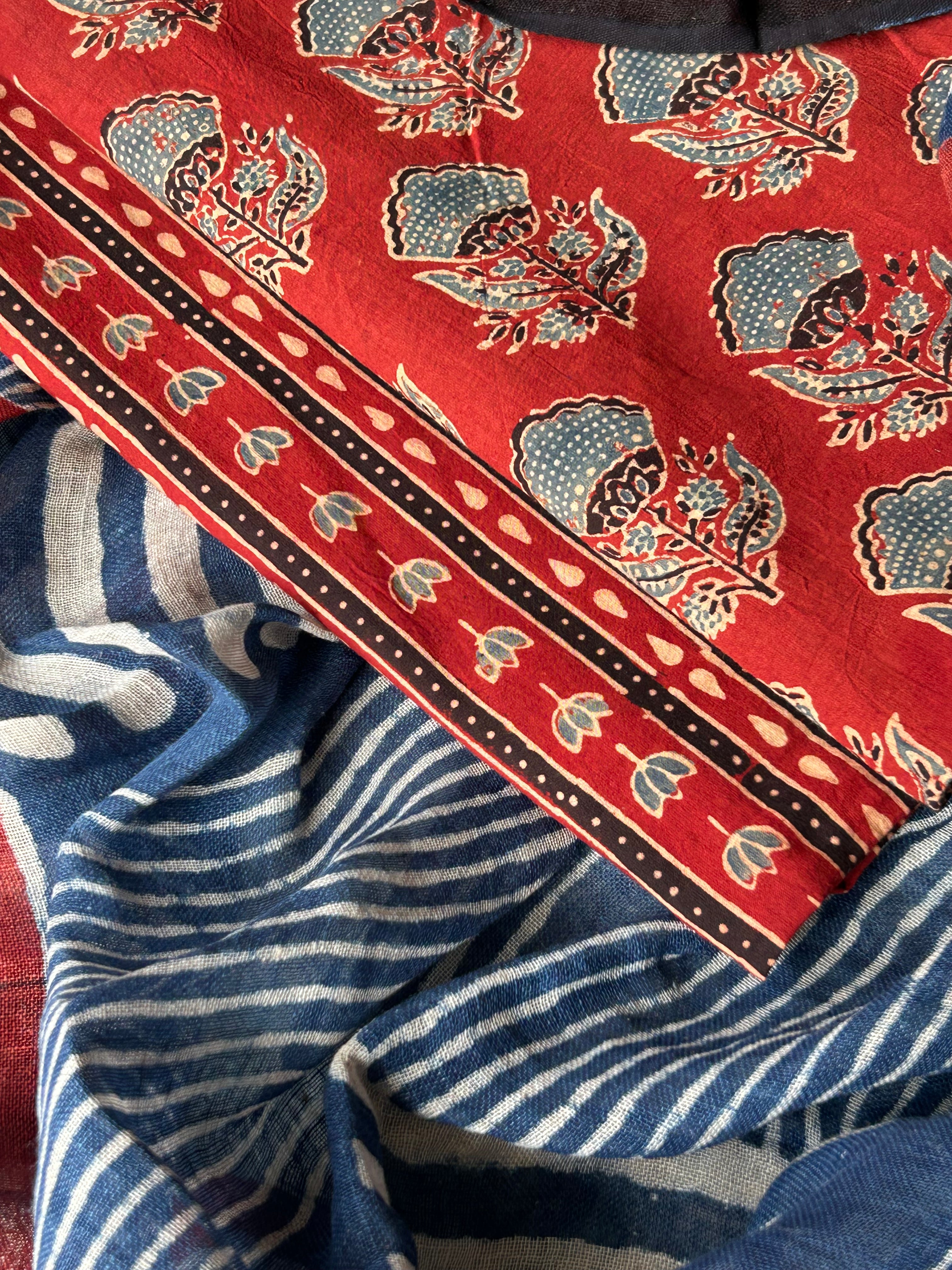 Vasudha - Natural Dyes Handblock Ajrakh Cotton and Linen Dupatta Set