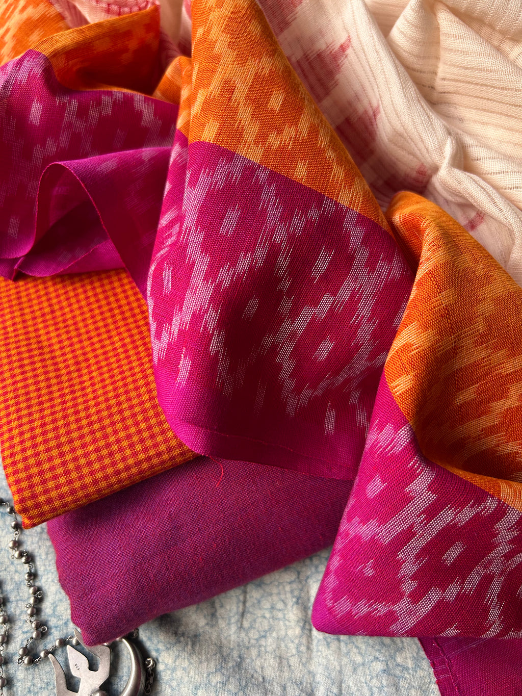 Handwoven Ikat Kurta Dupatta Set- Orange and Magenta