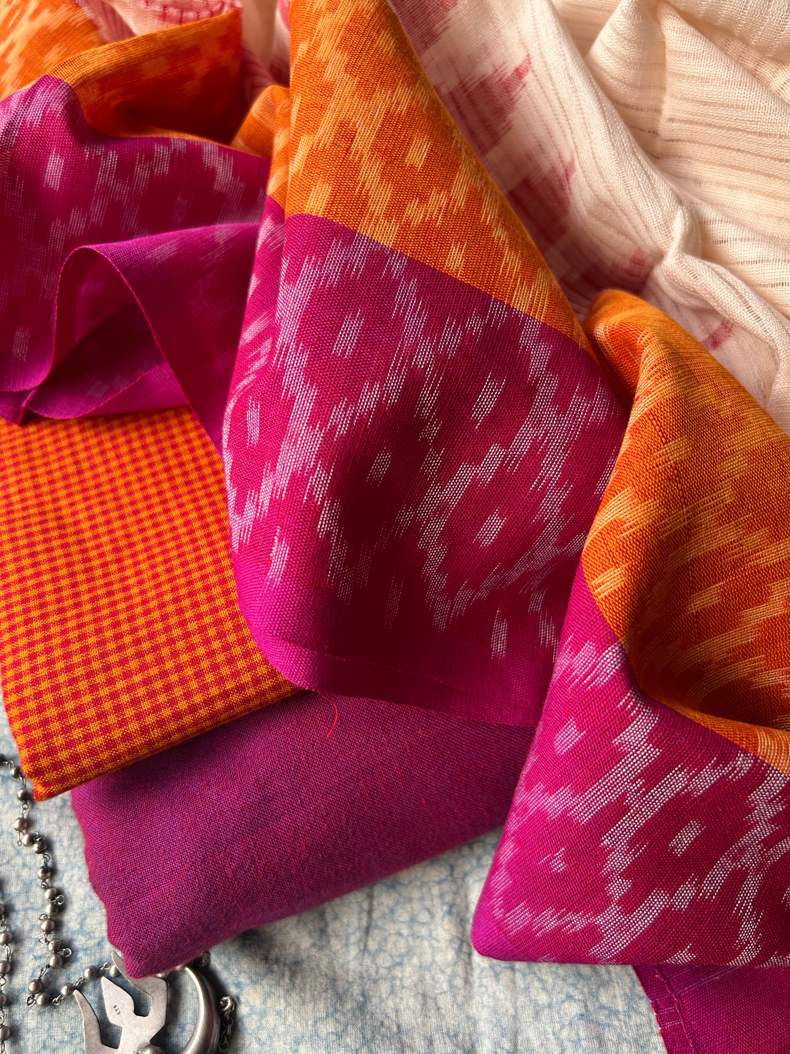 Handwoven Ikat Kurta Dupatta Set- Orange and Magenta