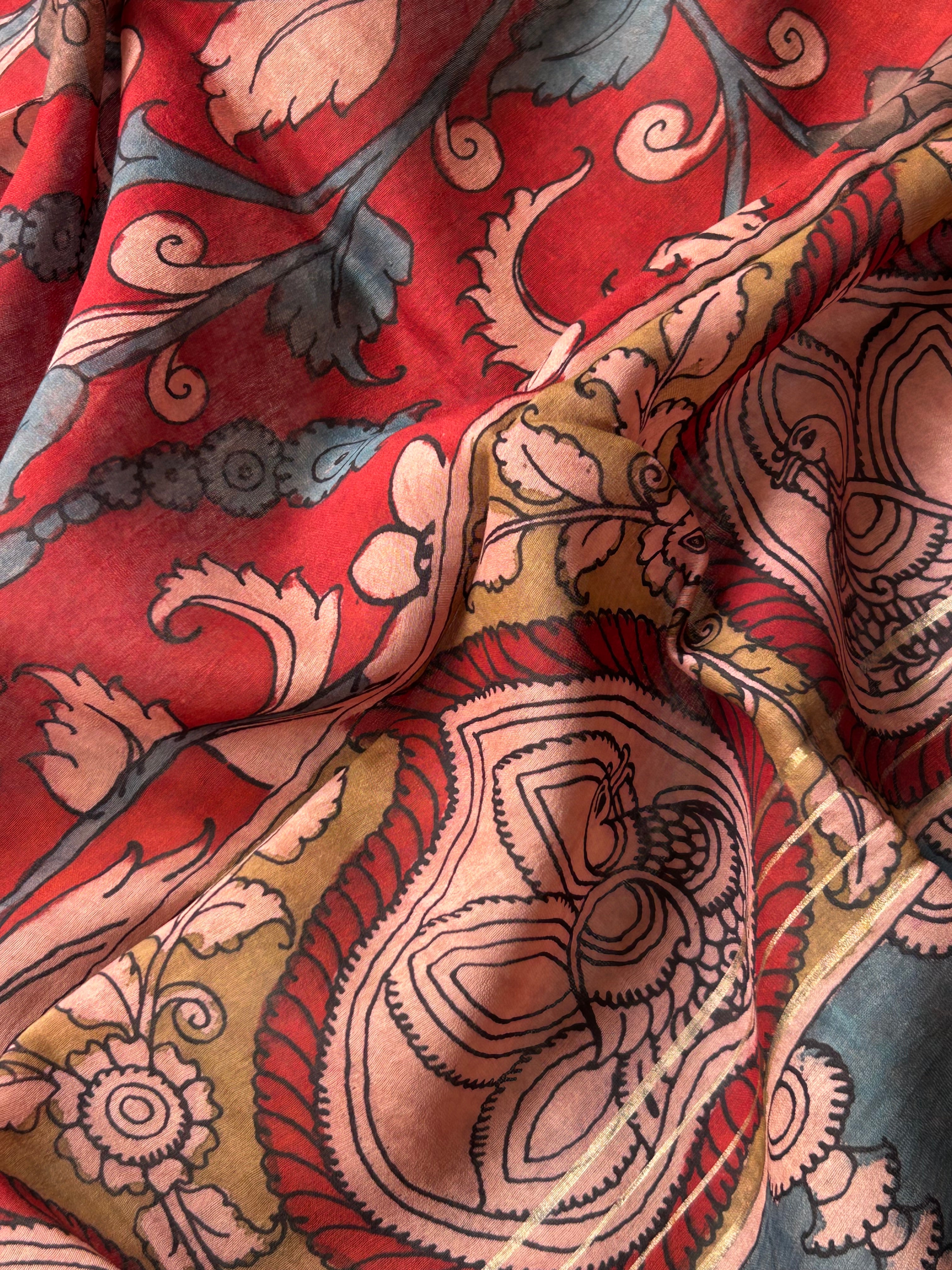 Swarnlata -Handwoven Hand-drawn Handpainted Pen Kalamkari Dupatta