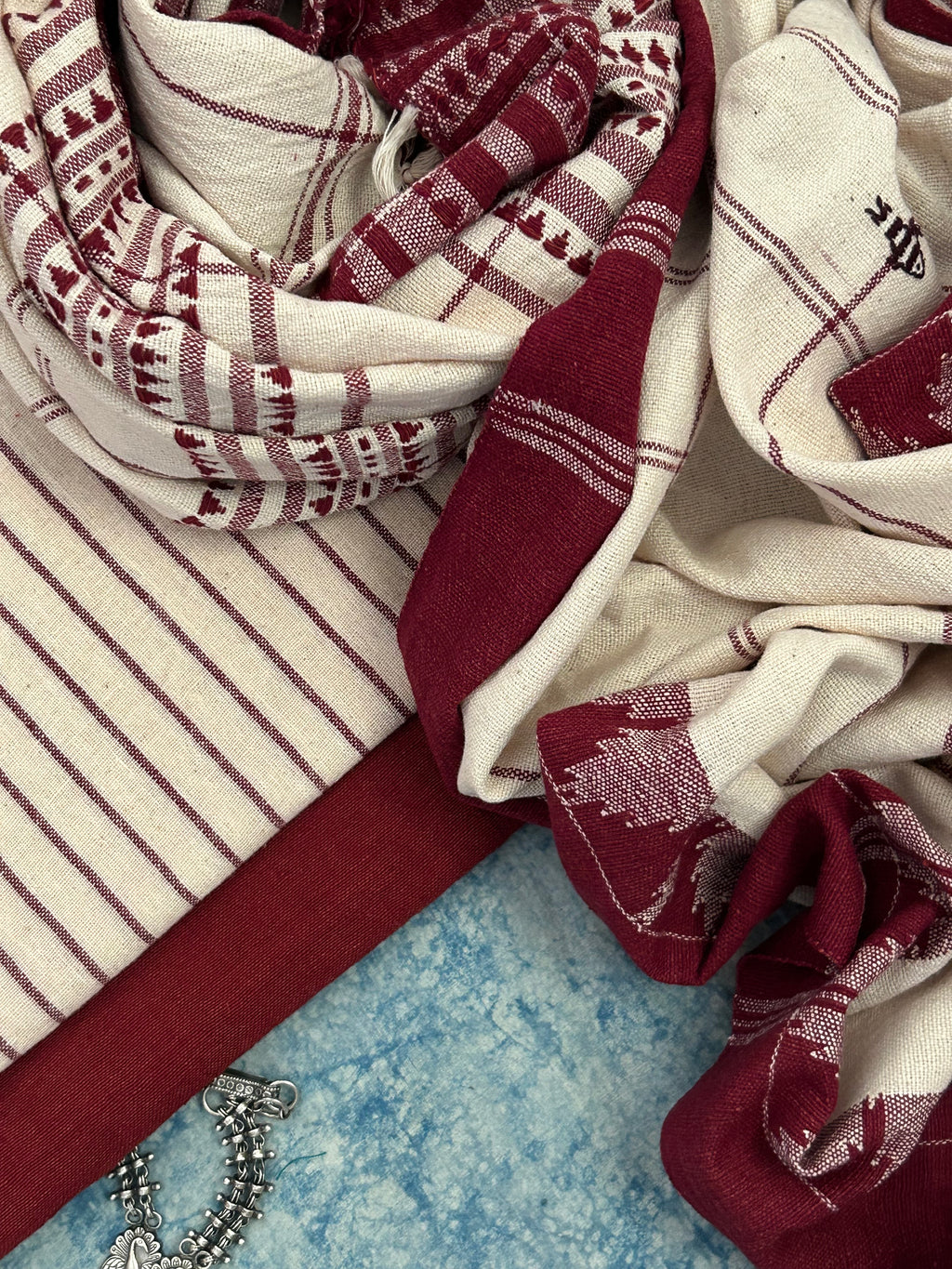 Handspun Handwoven Kotpad Suit Set - Ivory & Rust Maroon