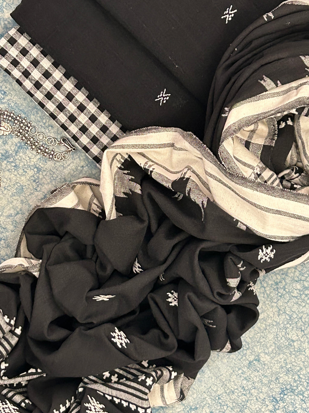 Handspun Handwoven Kotpad Suit Set -Black Butti & Checkered