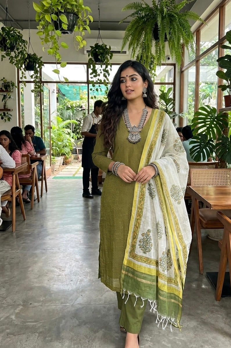 Handwoven Handblock Printed Set - Olive Green