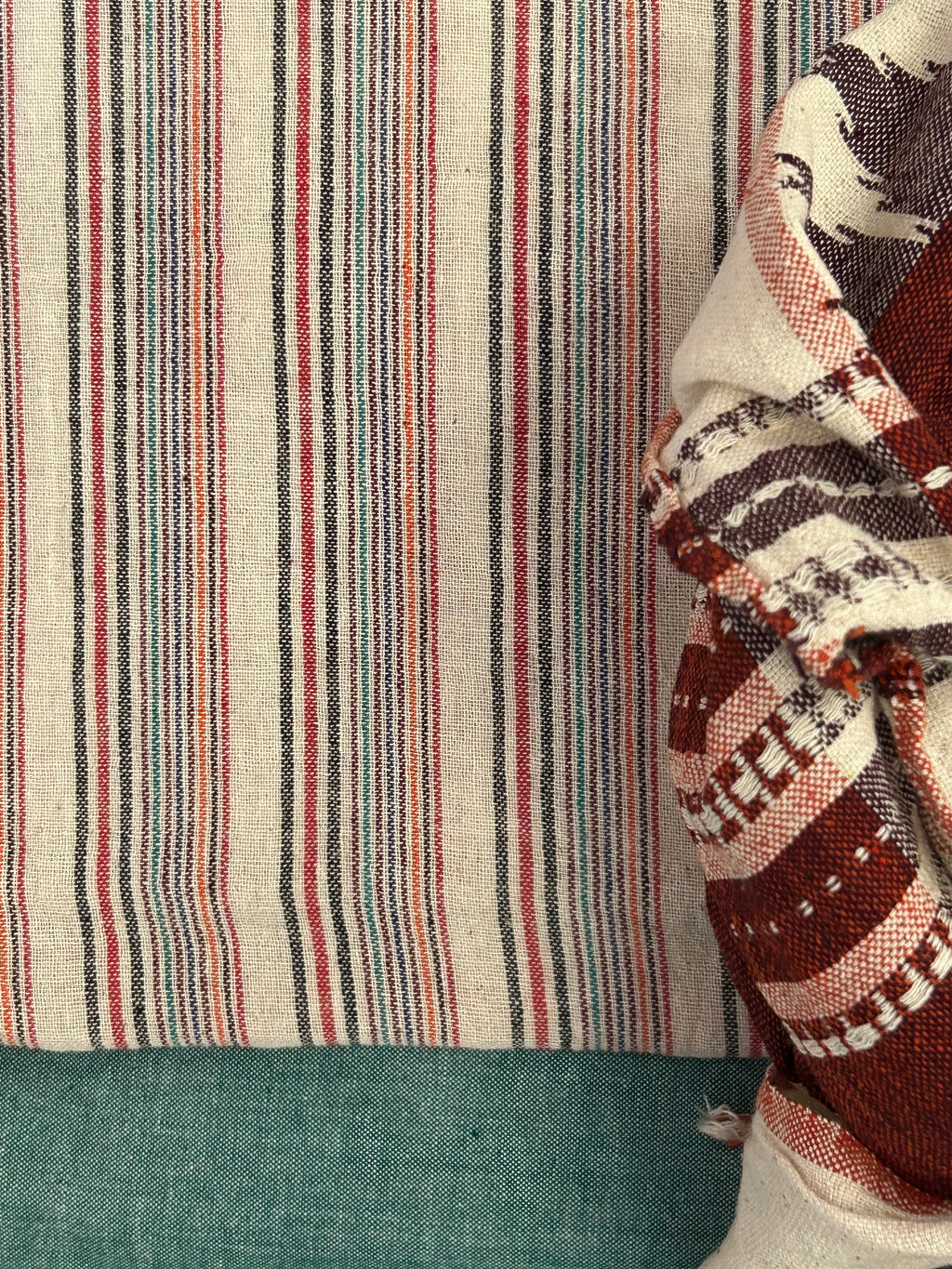 Handspun Handwoven Kotpad Suit Set - Ivory Multi Colour Stripes