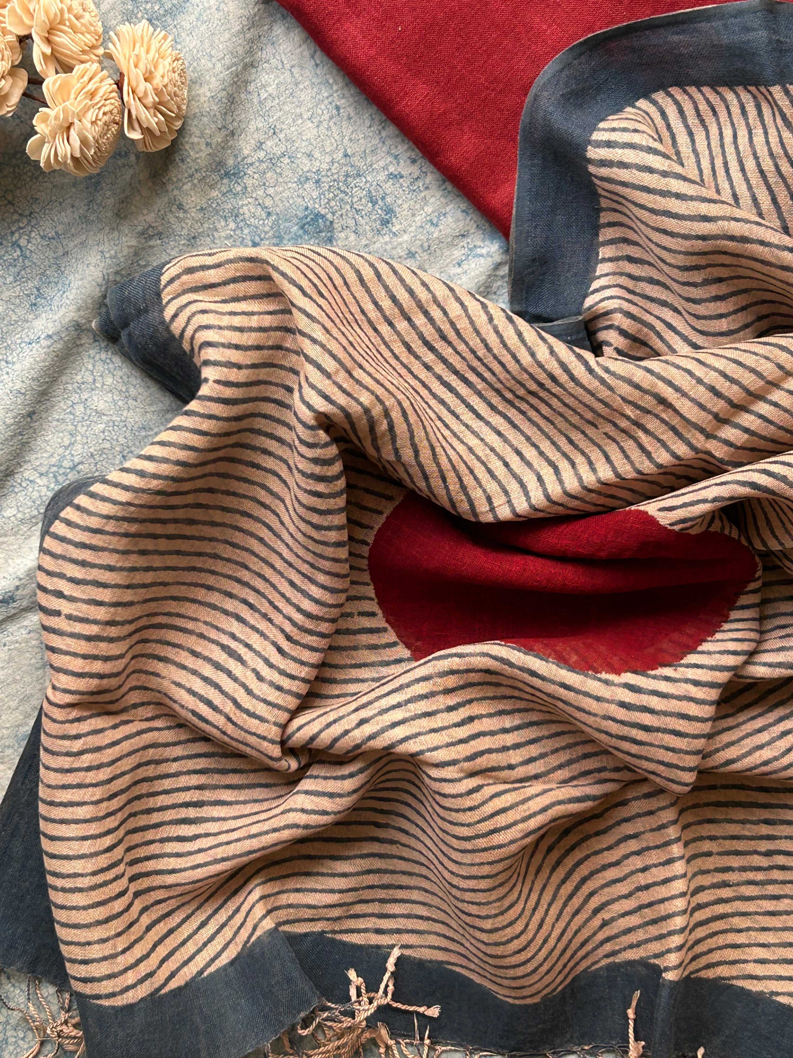 Handcrafted Linen Kurta Dupatta Set - Red Maroon & Indigo