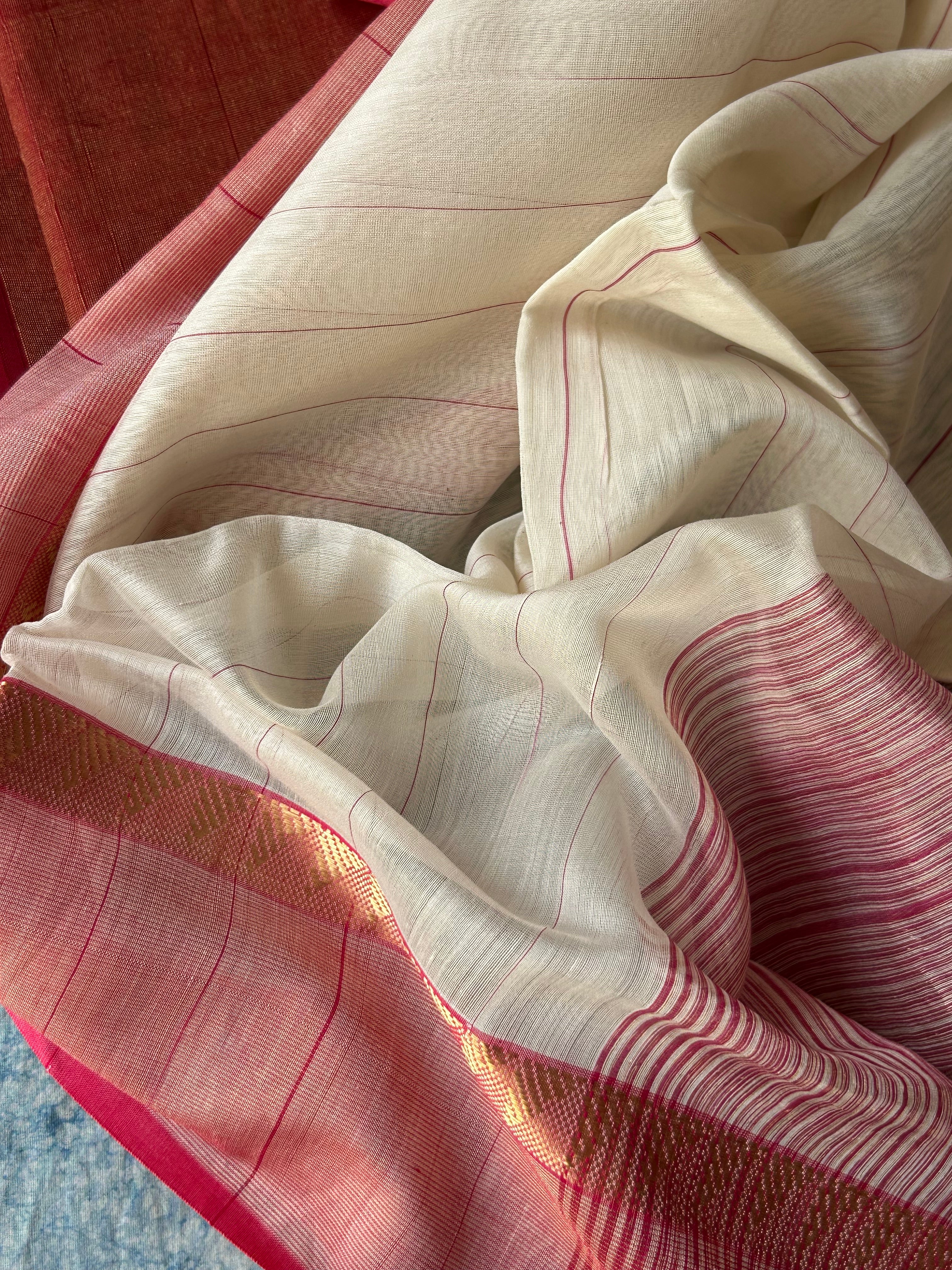 Handwoven Maheshwari Kurta Dupatta Set - Red & Ivory