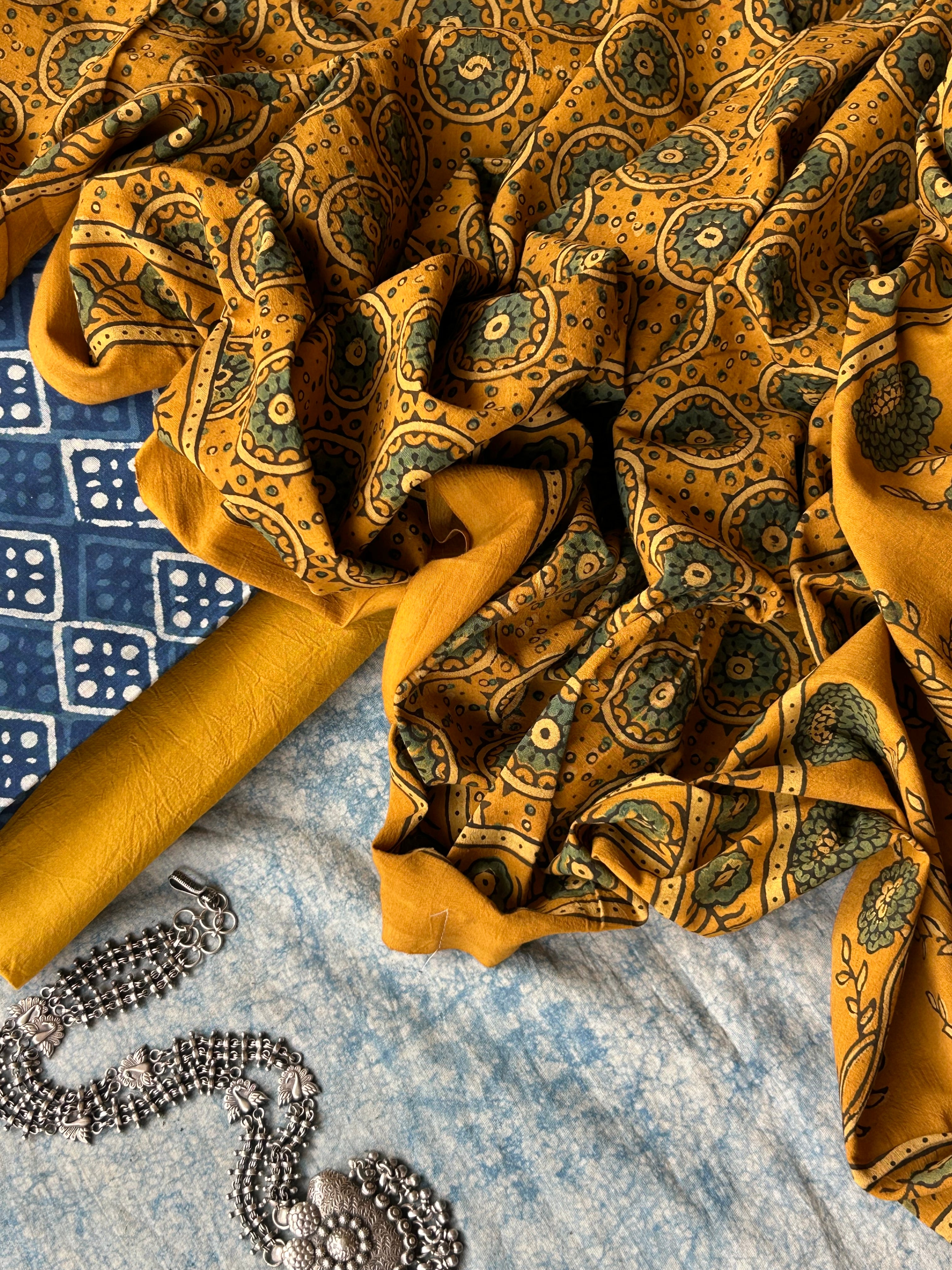 Daboo and Ajrakh Handblock Printed Set - Indigo and Turmeric Yellow