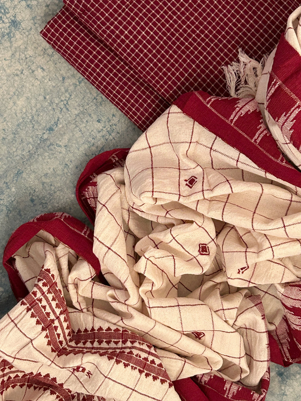 Handspun Handwoven Kotpad Suit Set - Maroon Check