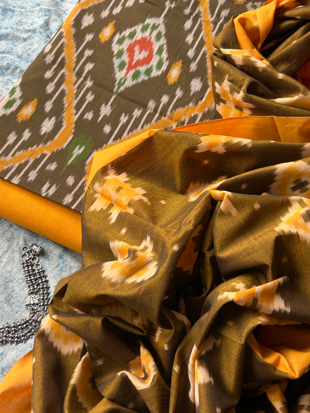 Vasudha - Handwoven Central Asian Pochampally  Ikath Kurta Dupatta Set