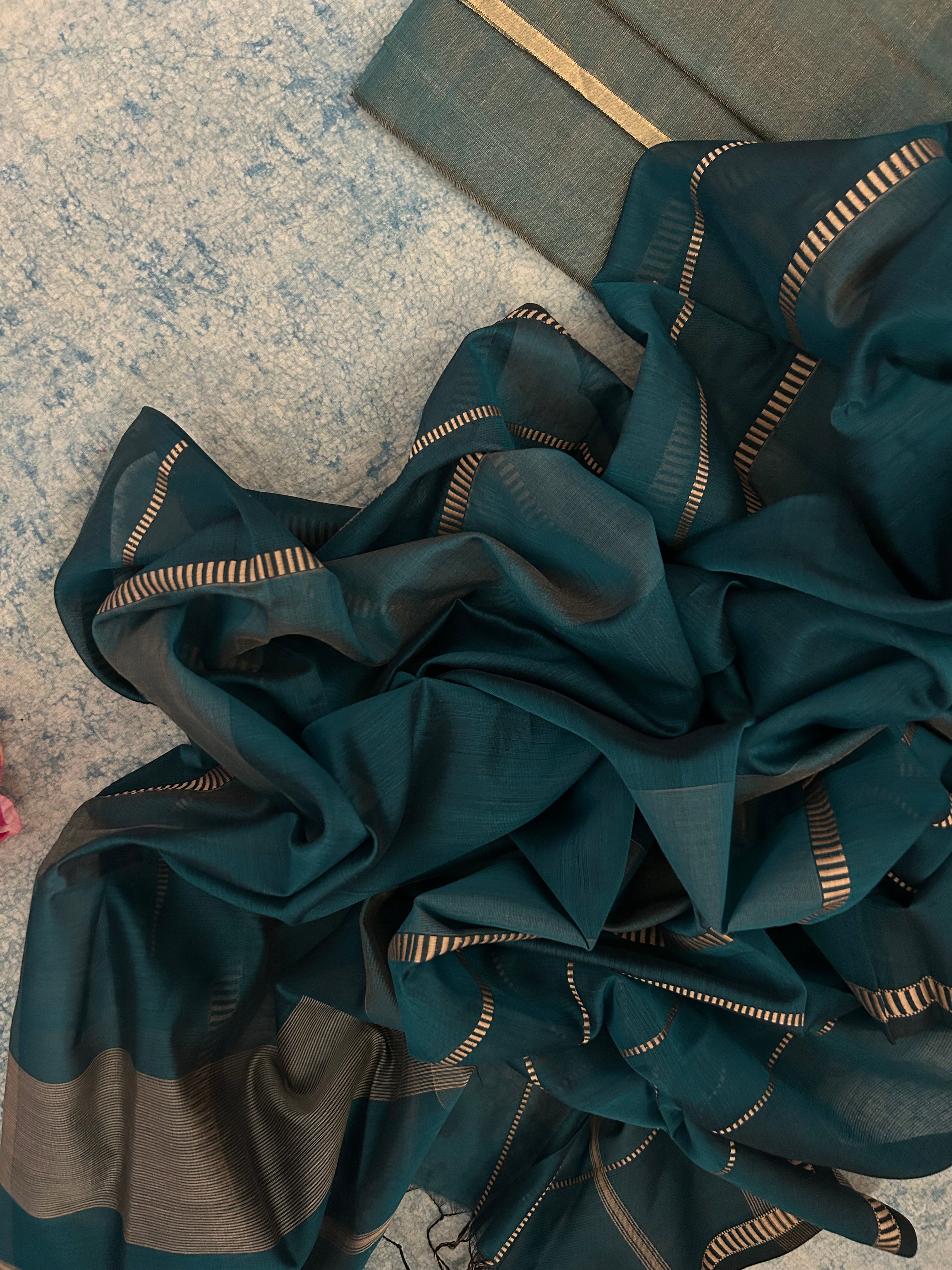 Handwoven Maheshwari Kurta Dupatta Set -Teal Blue