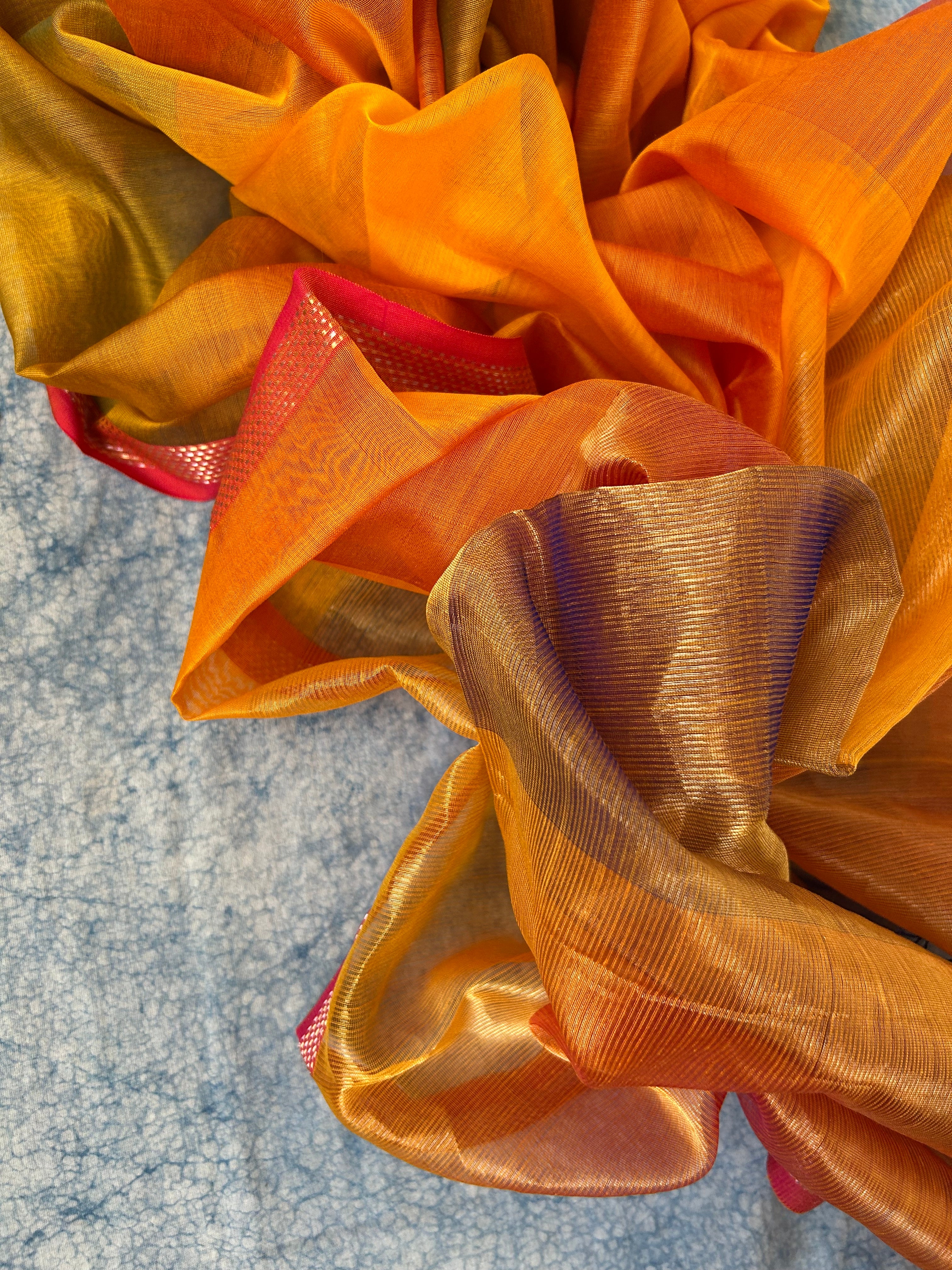 Handwoven Maheshwari Kurta Dupatta Set - Mustard and Orange