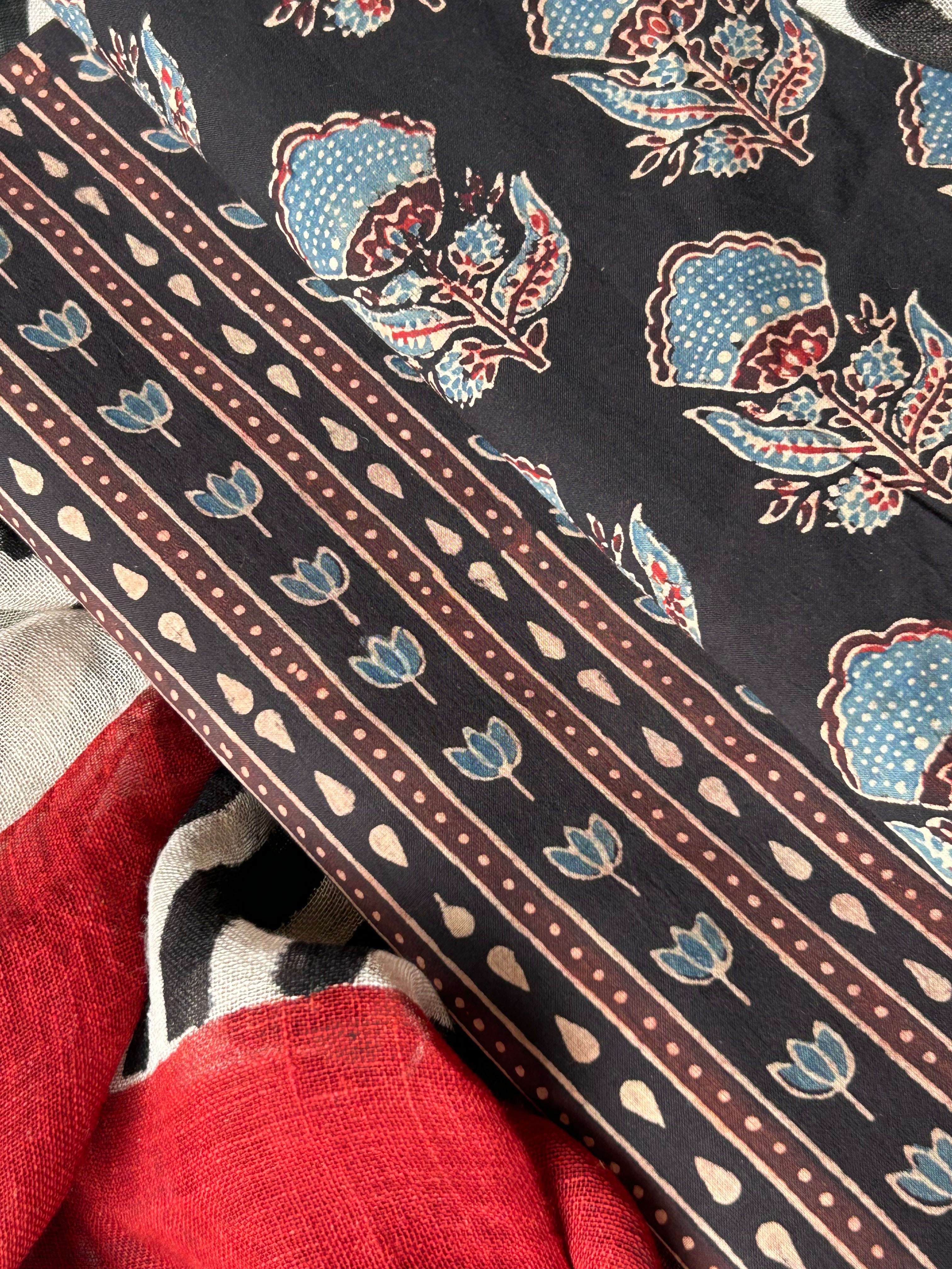 Dharini - Natural Dyes Handblock Ajrakh Cotton and Linen Dupatta Set