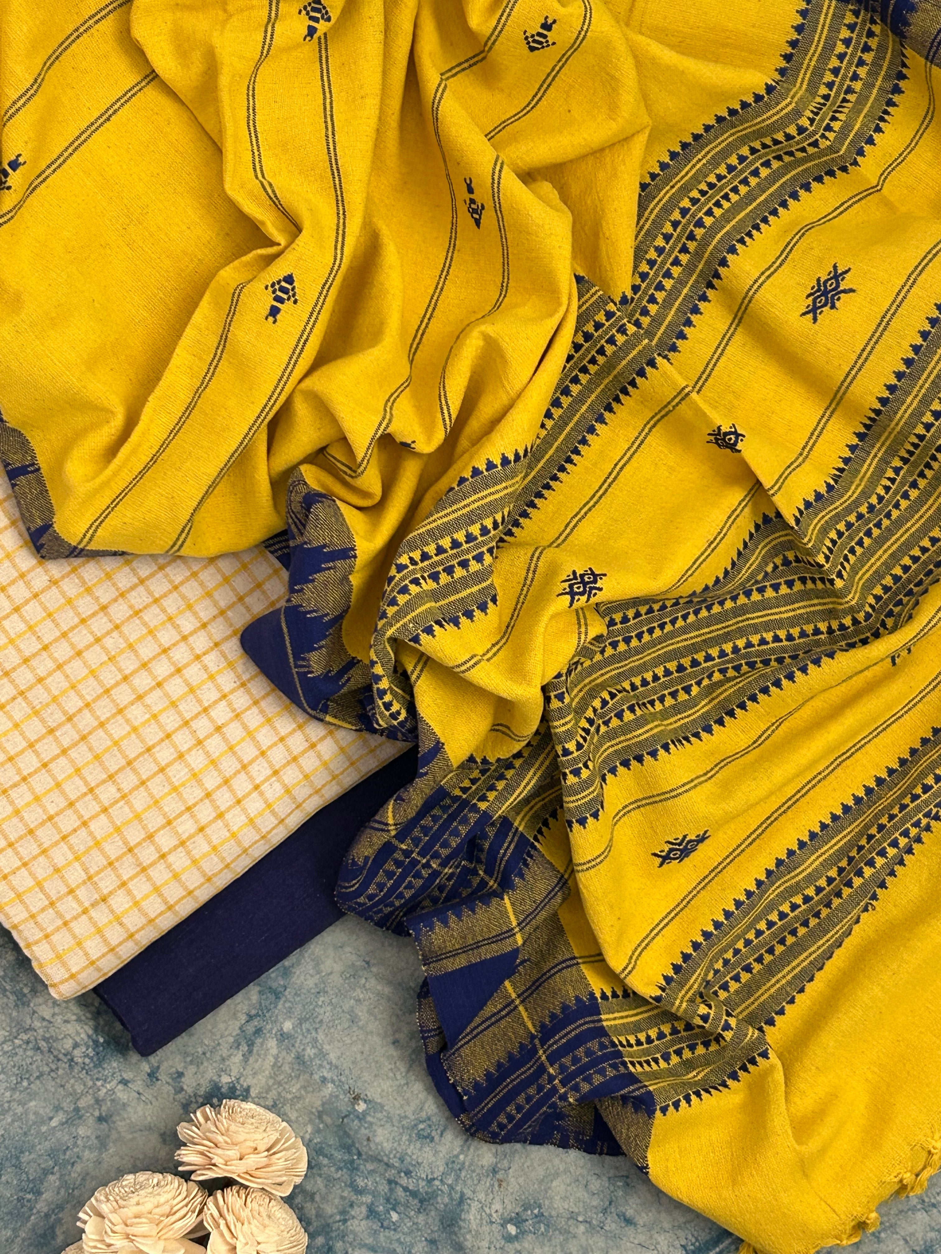 Handspun Handwoven Kotpad Suit Set - Checkered Yellow & Blue