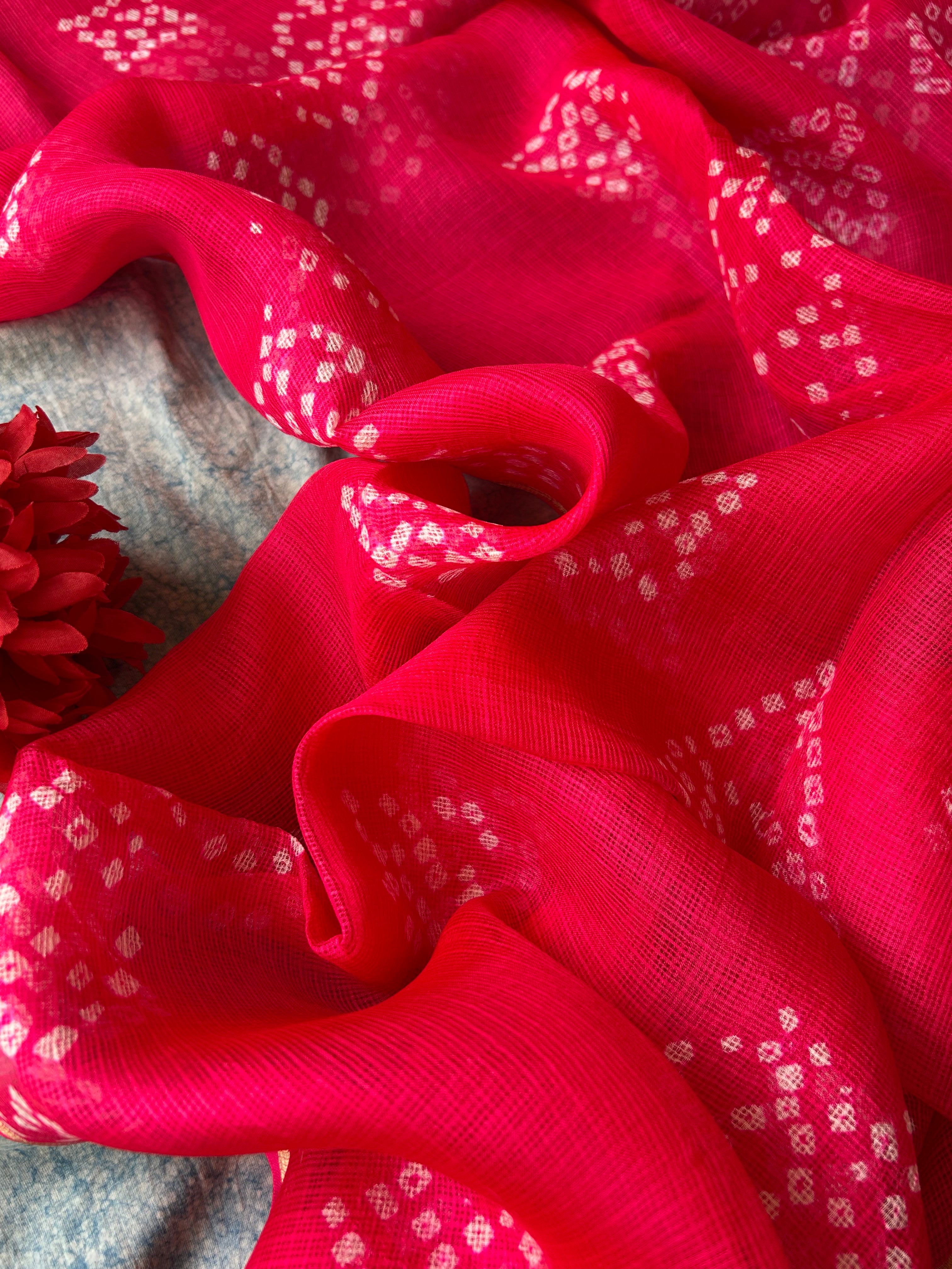 Handcrafted Tie-Dye Silk Kota Doria Dupatta -Rose PInk