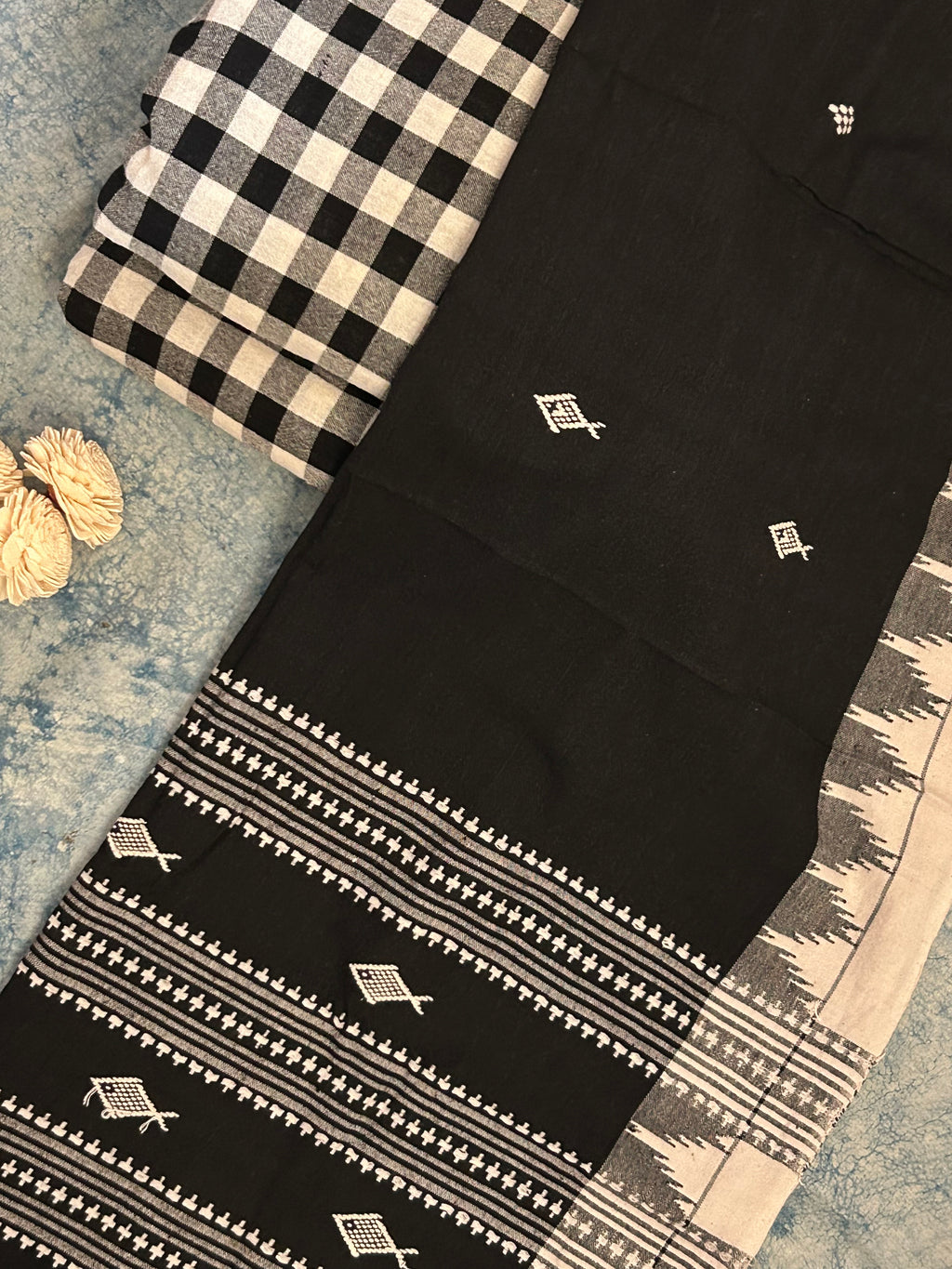 Handspun Handwoven Kotpad Suit Set - Checkered Black