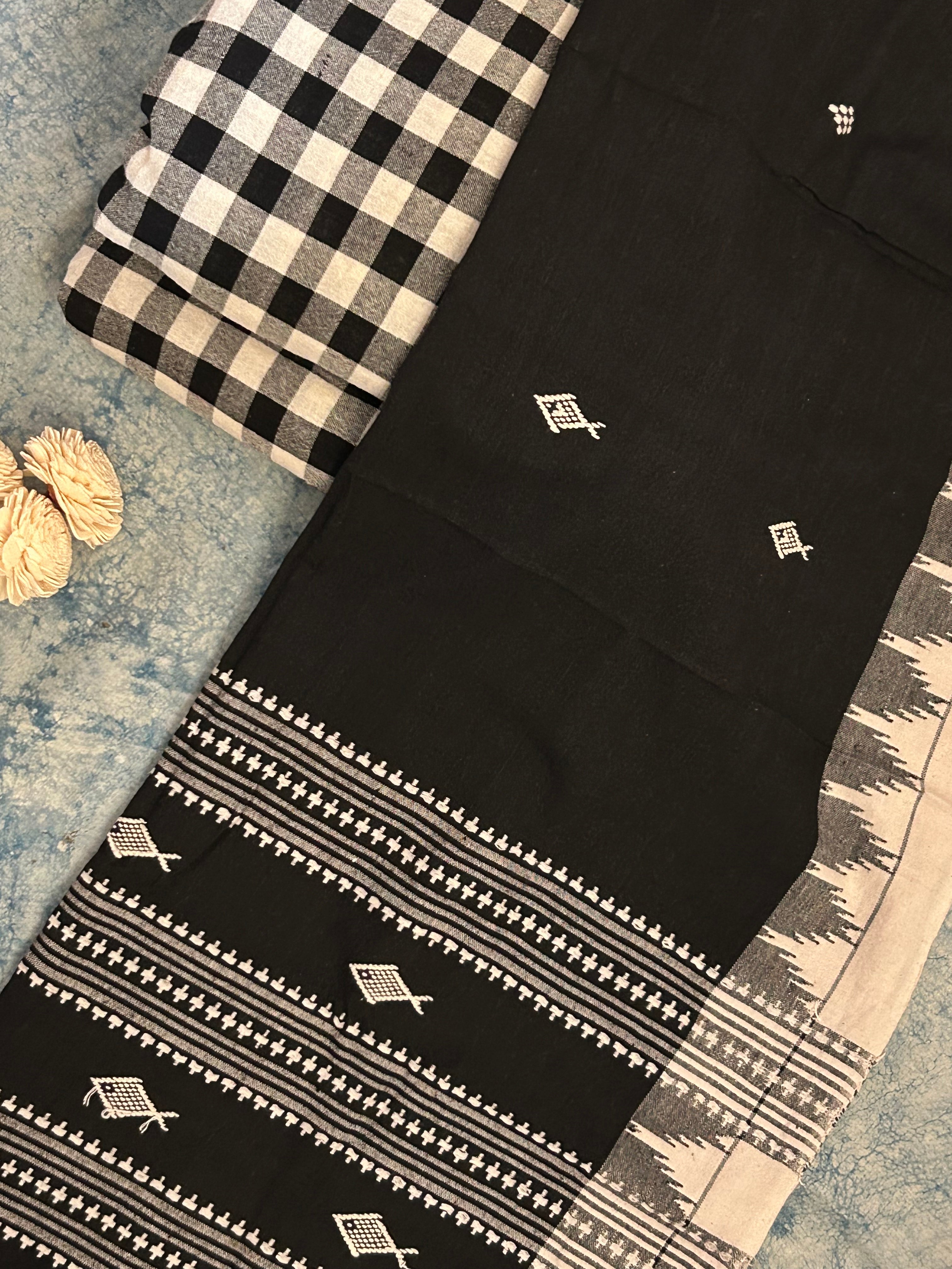 Handspun Handwoven Kotpad Suit Set - Checkered Black