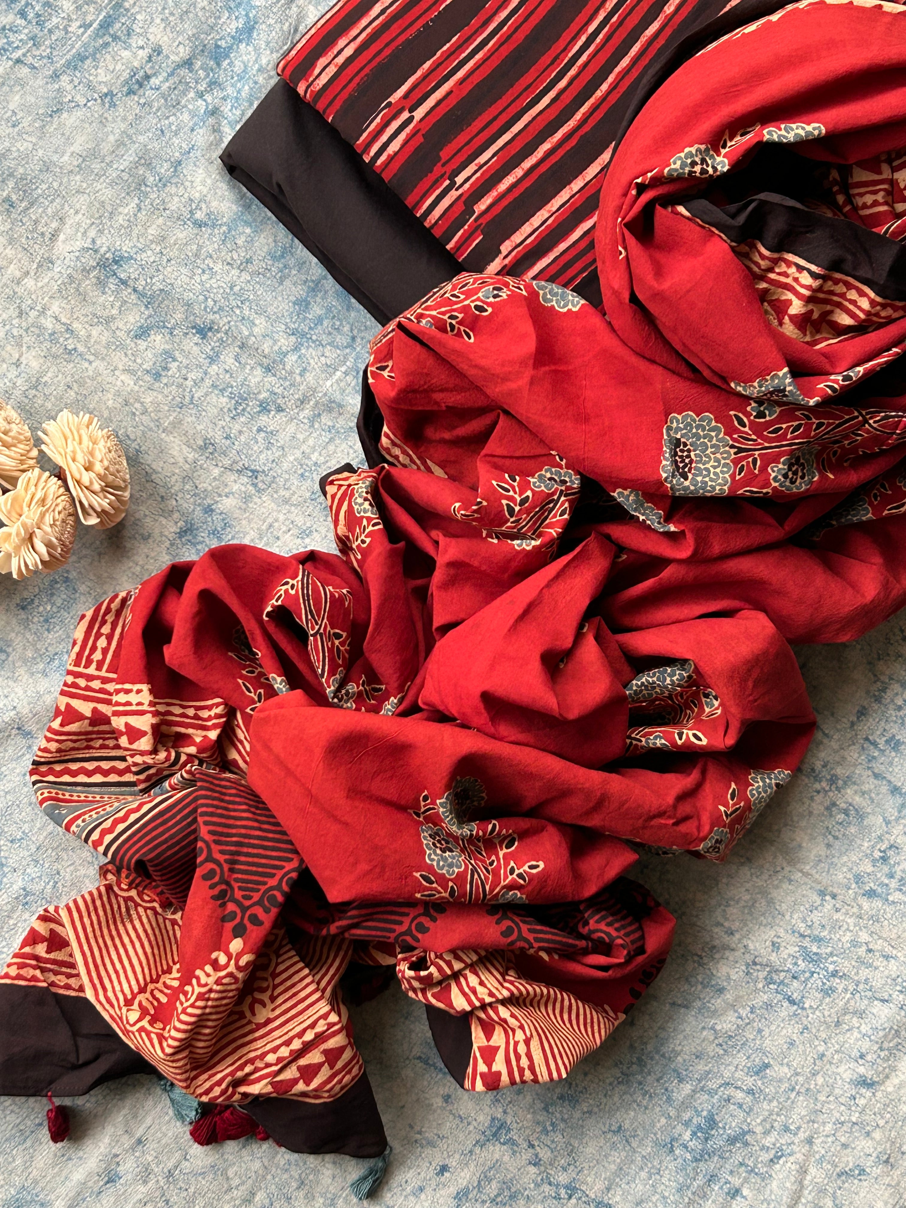 Dhara - Handblock Printed Cotton and Ajrakh Dupatta Set