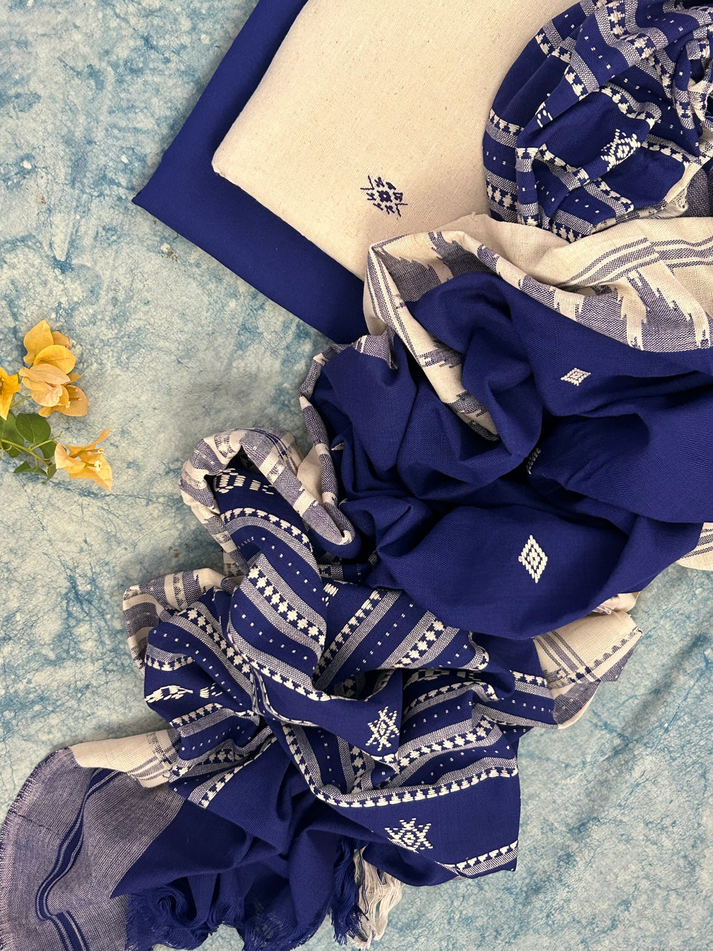 Handspun Handwoven Kotpad Suit Set - Ivory Blue Butti