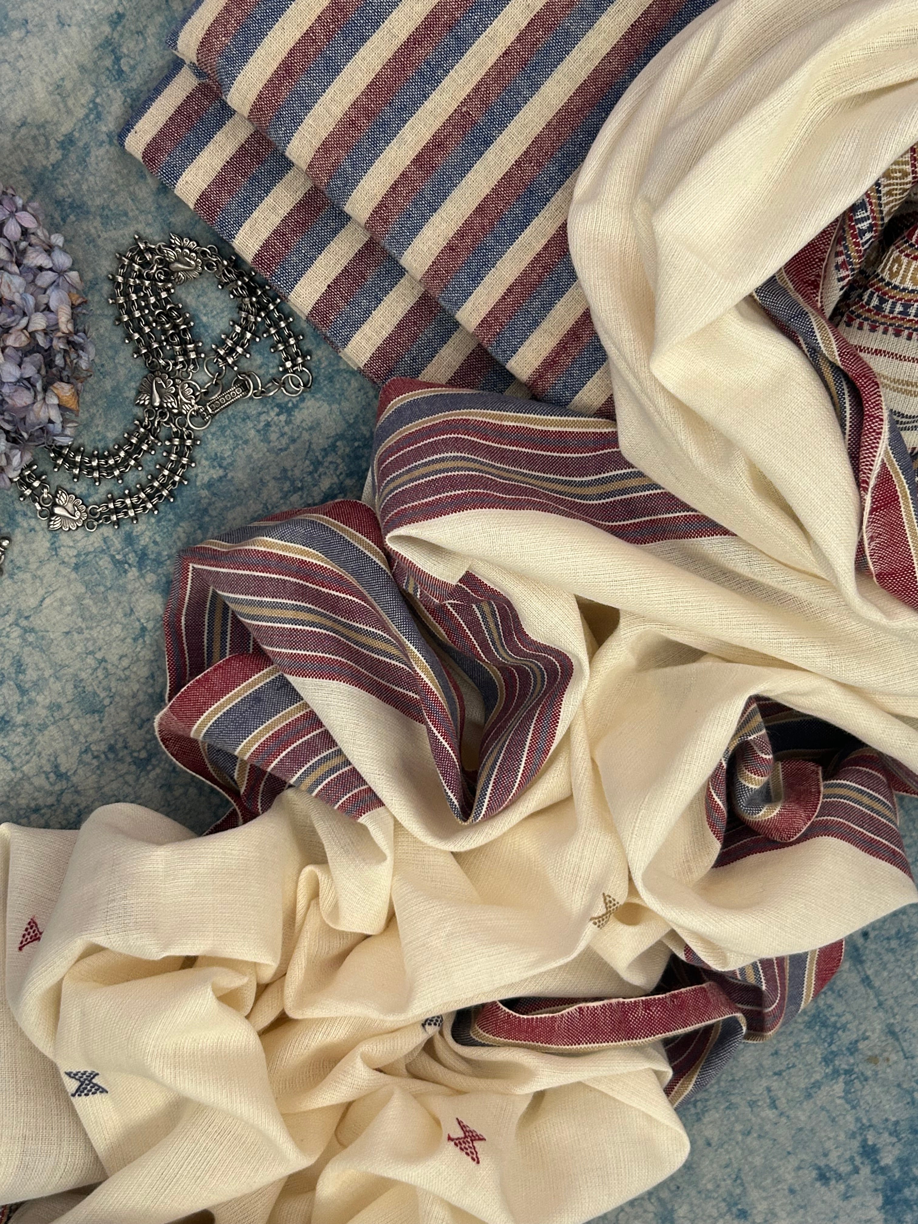 Handwoven Bhujodi and Kotpad Set - Ivory, Blue and Maroon