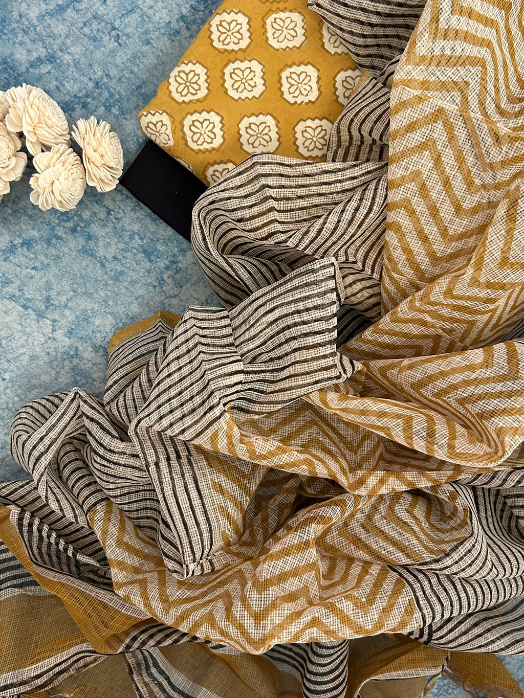 Handcrafted Cotton Suit Set - Mustard Floral Zigzag and Black