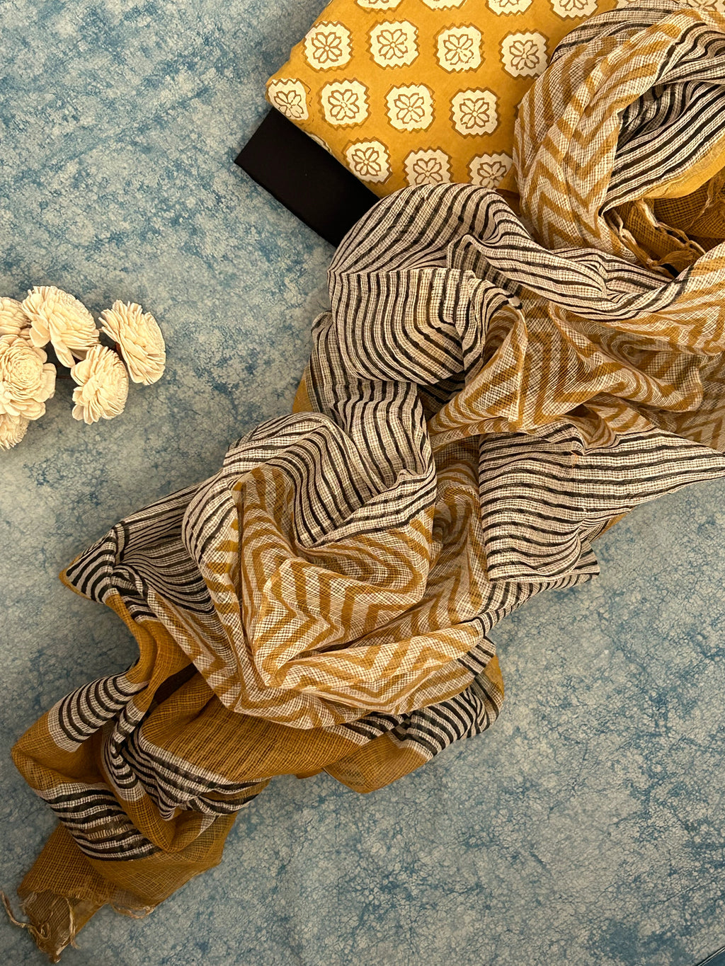 Handcrafted Cotton Suit Set - Mustard Floral Zigzag and Black