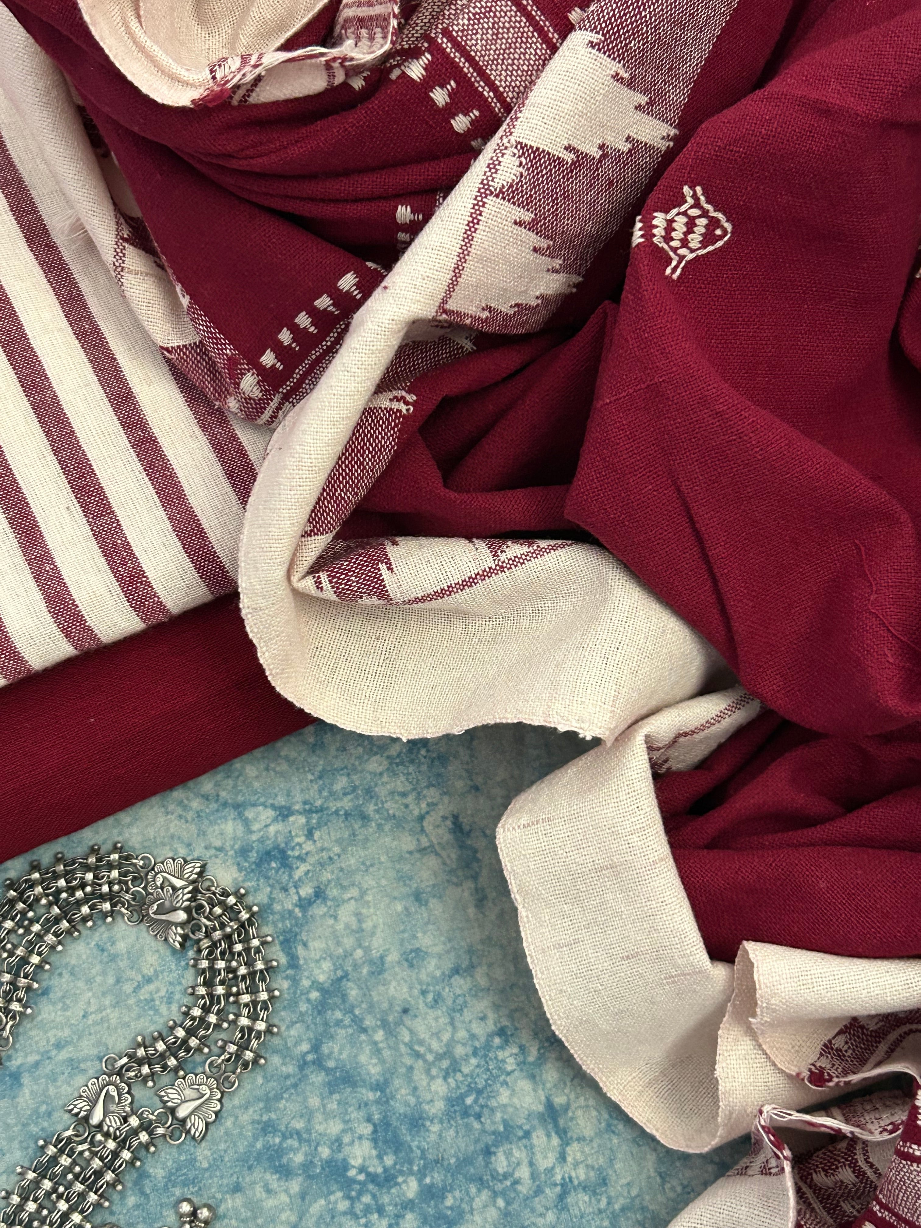 Handspun Handwoven Kotpad Suit Set - Ivory & Deep Maroon