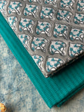 Handblock  Cotton Fabric -  Mughal Butta Grey & Teal
