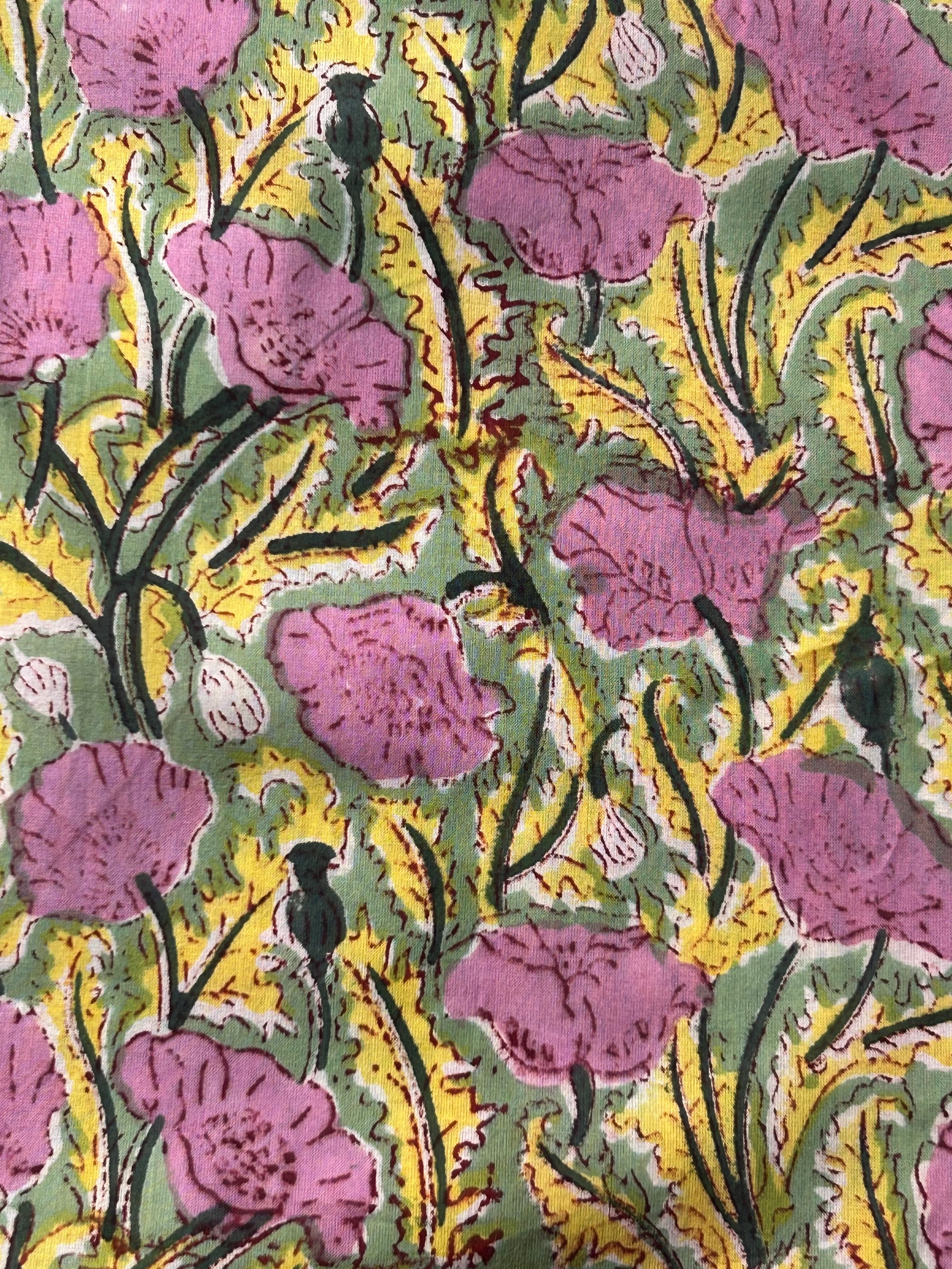 Handblock  Cotton Fabric -  Orchid Pink and Green Floral Jaal