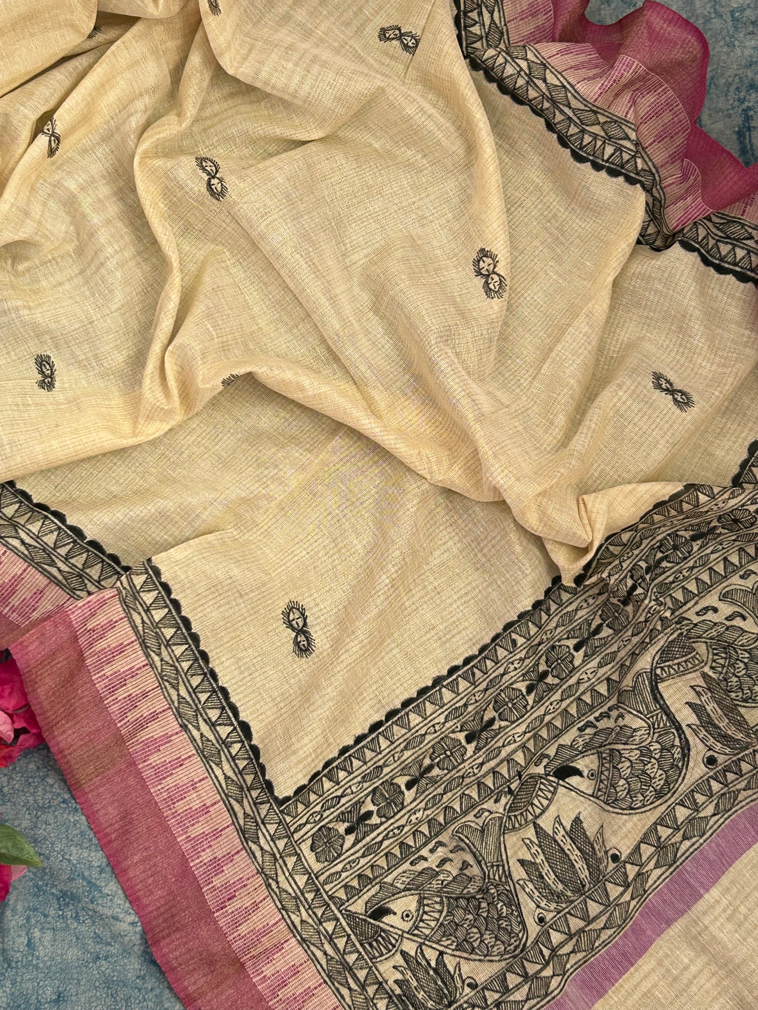 Madhubani Handpainted Cotton Silk Dupatta